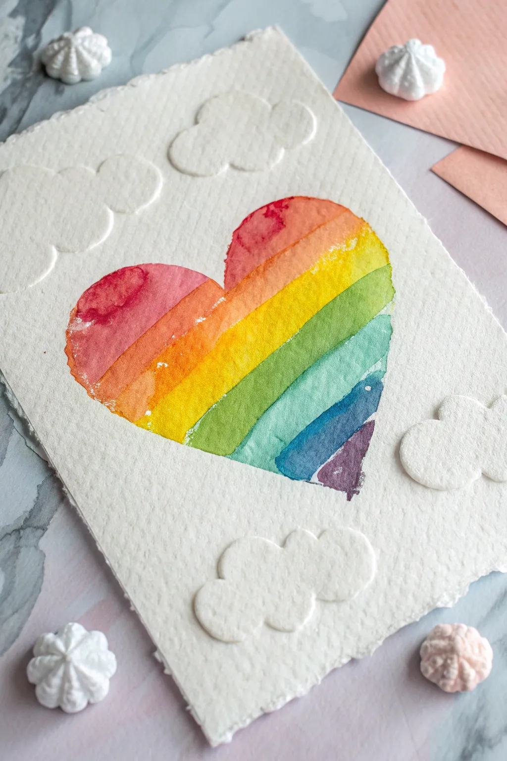 Paint a soft rainbow heart with cloud edges on a pastel wash for an airy, boho feel