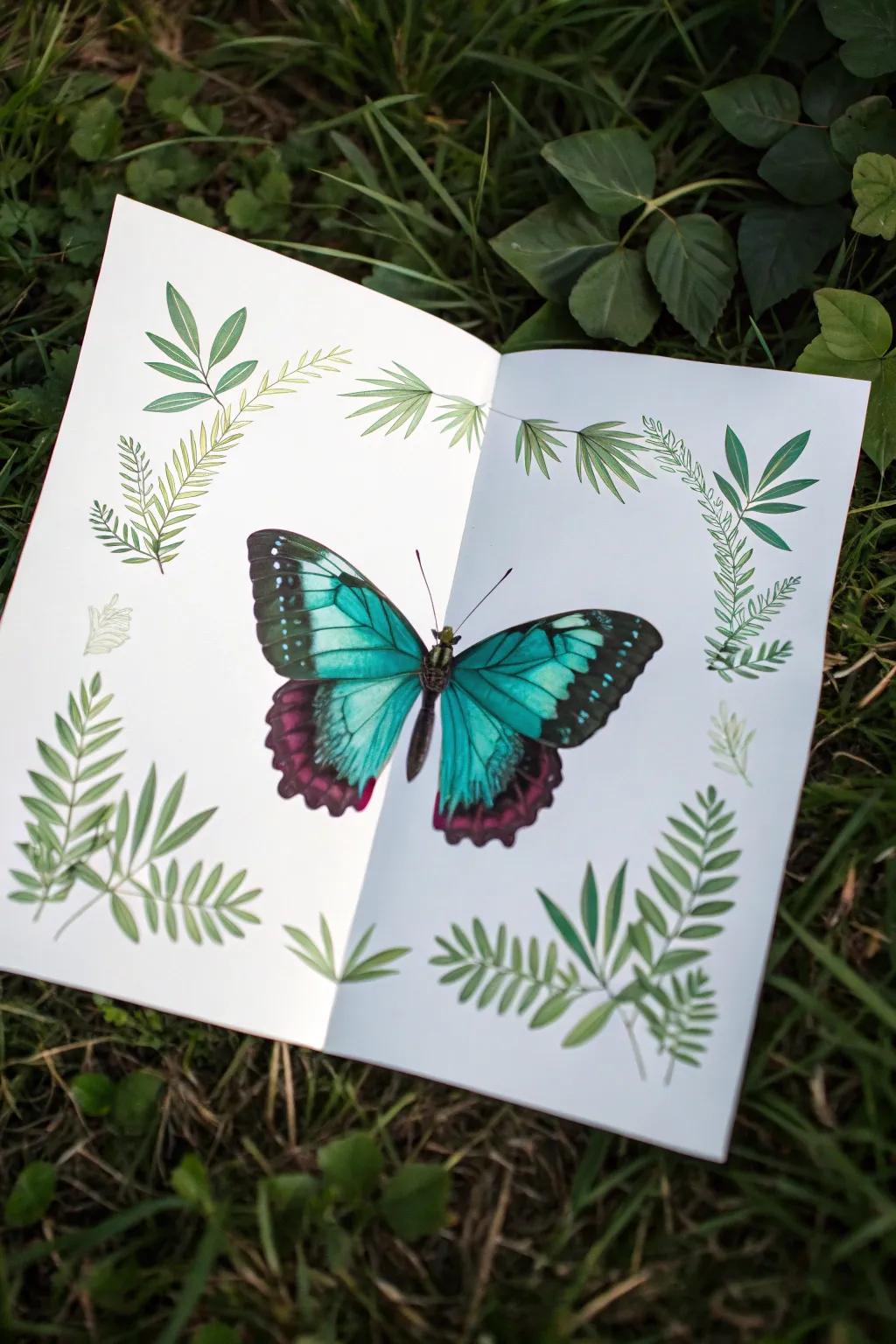 Fold-and-reveal rainforest butterfly print, bold wings framed by a minimal leafy border.
