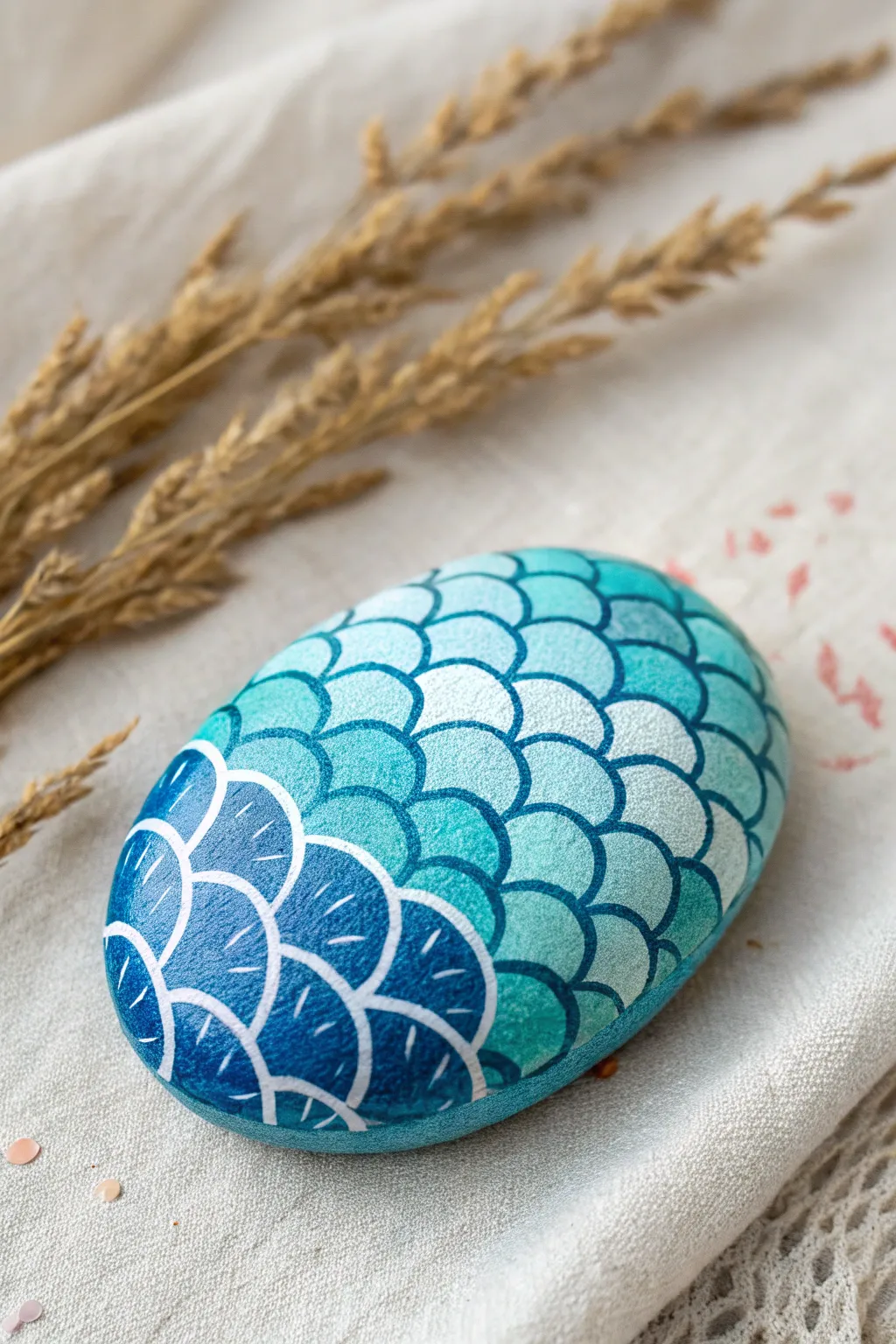 Paint a simple fish scale pattern on a blue rock for an easy, kid-friendly craft.