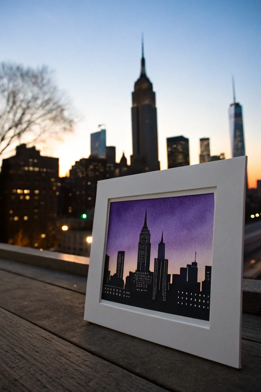 Shadow painting idea: bold city skyline silhouette against a dreamy blue to purple dusk gradient.