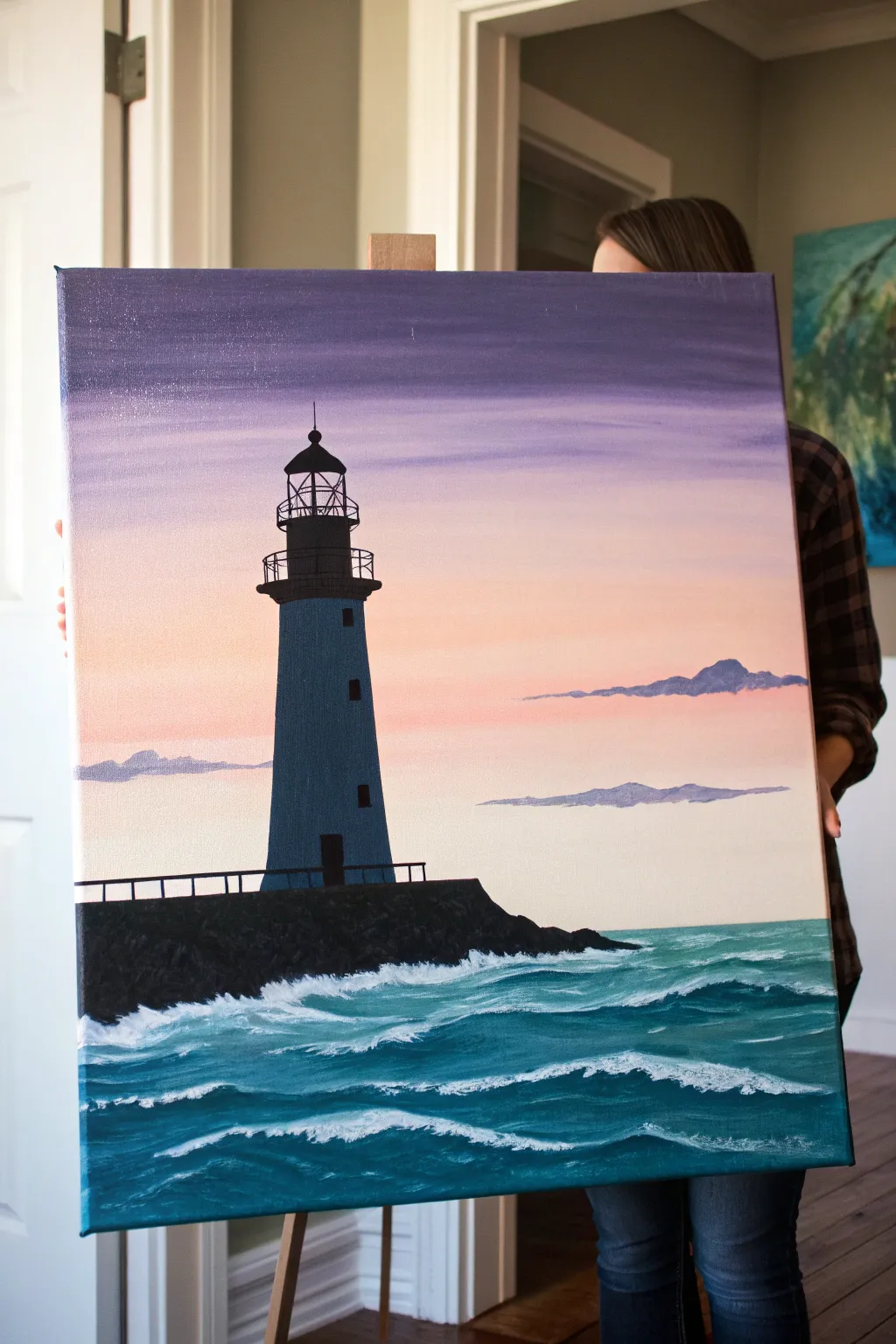 Minimal lighthouse at dusk with two-tone waves, a calm and beginner-friendly sip and paint idea.