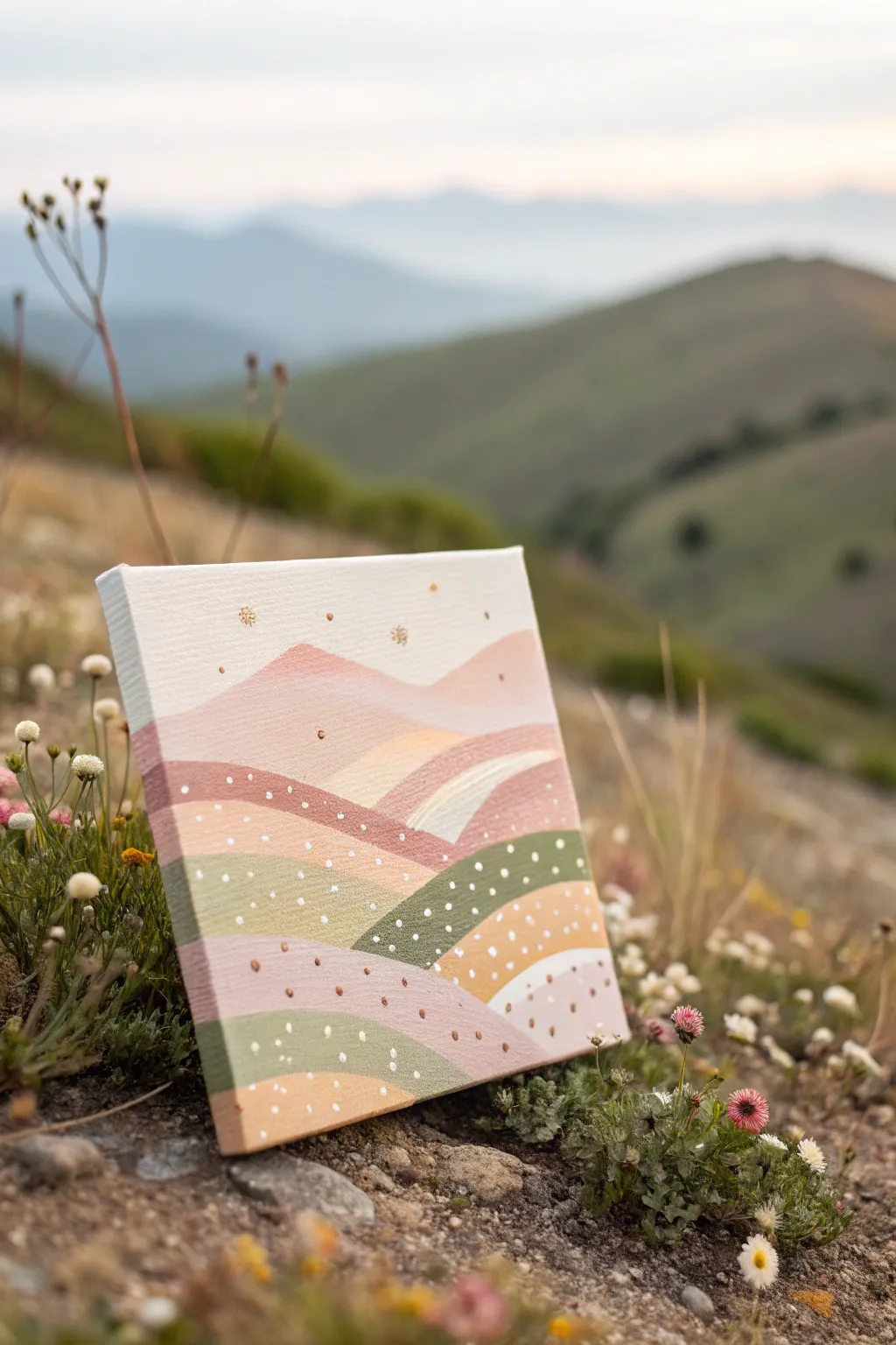 Beginner-friendly mini canvas: pastel hills dotted with simple dabbed blooms, calm and chic