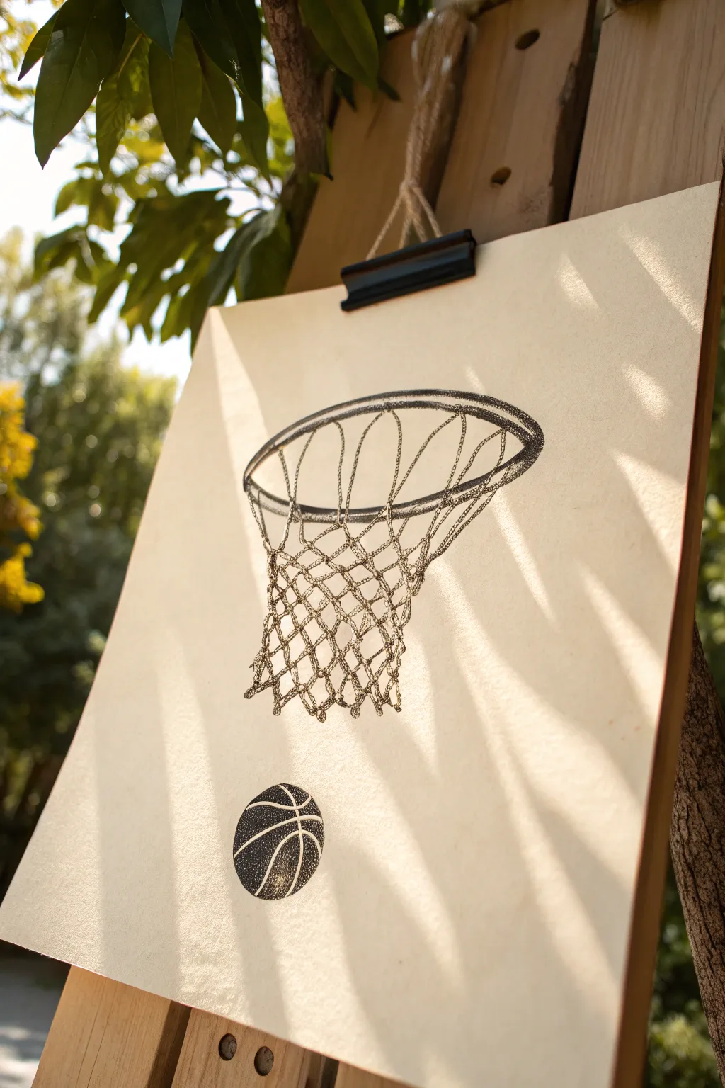 Paint a hoop from below with one bold ball silhouette for instant sporty energy.