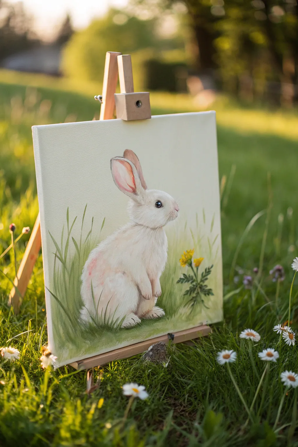 Simple pastel baby bunny in bright spring grass, a cozy minimalist canvas painting idea