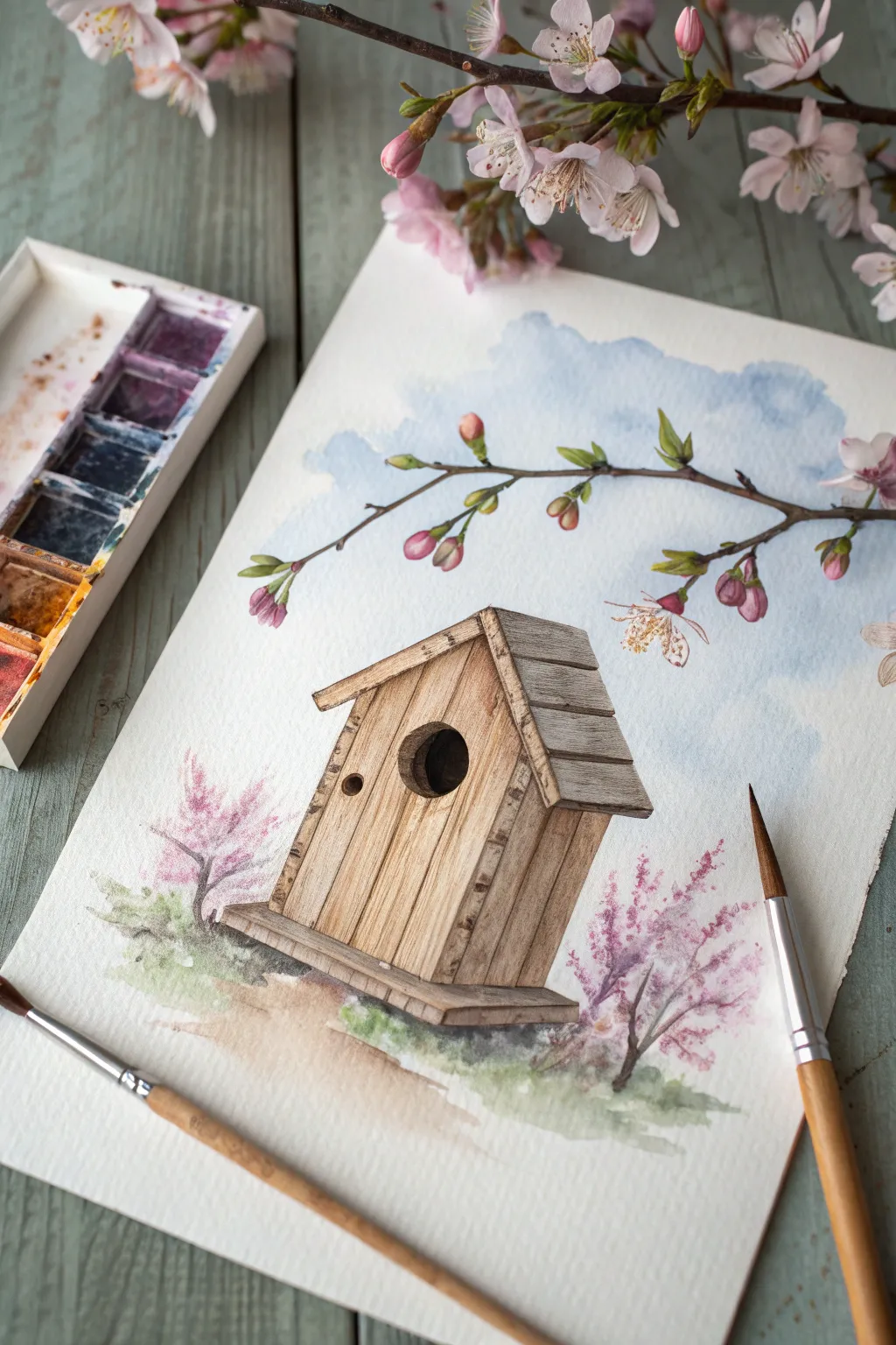 Paint a sweet birdhouse against a wet-on-wet spring sky for an easy calming artwork.