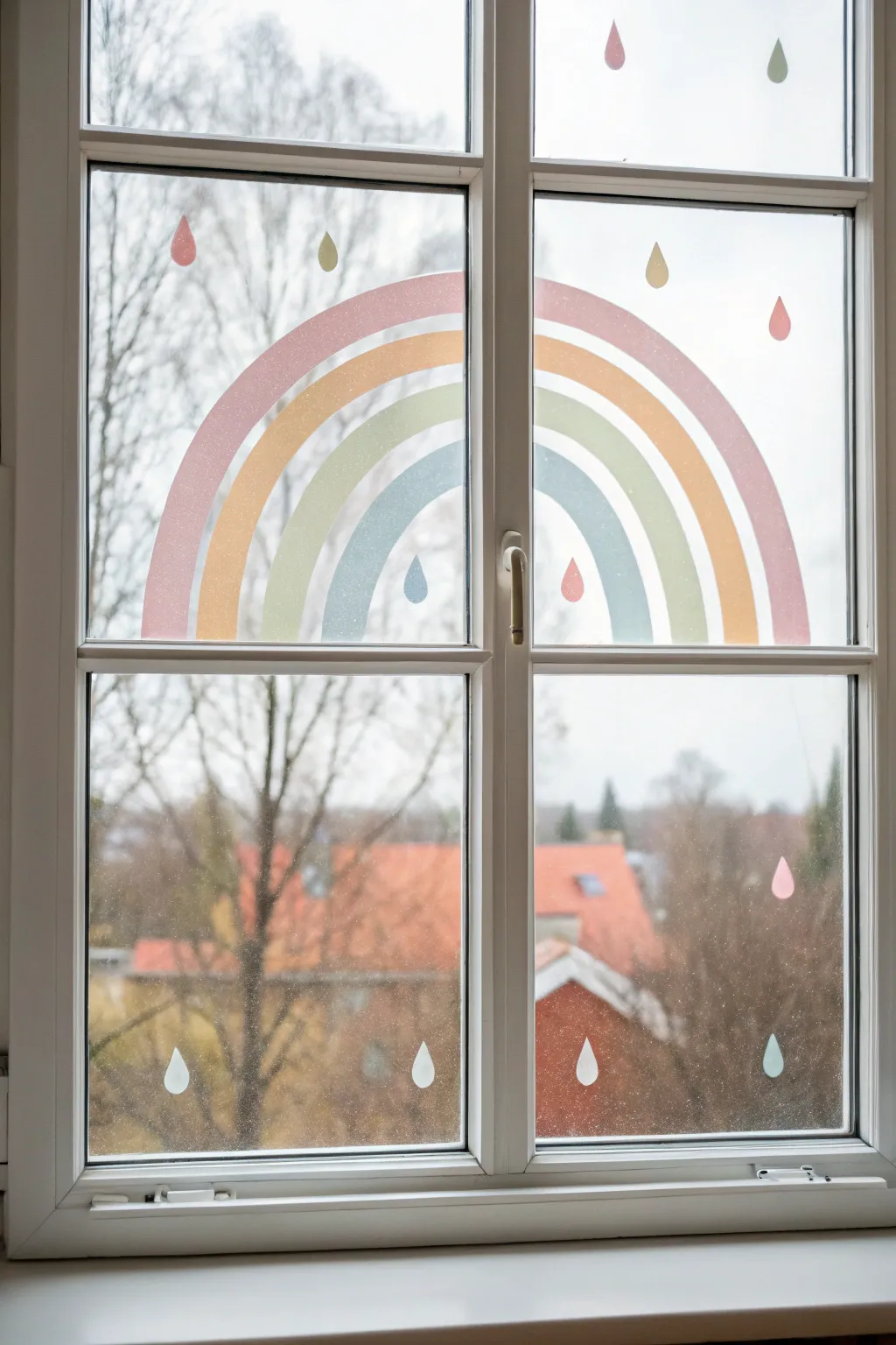 Soft pastel rainbow with raindrops on clear glass, a minimal spring window painting idea