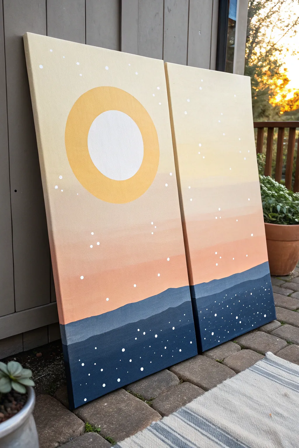 Paint a simple day-night split canvas with a glowing sun and calm starry blue tones