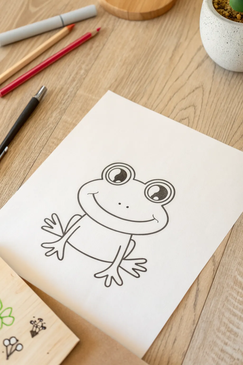 Simple frog with big circle eyes, centered and clear line shapes for an easy kids drawing idea
