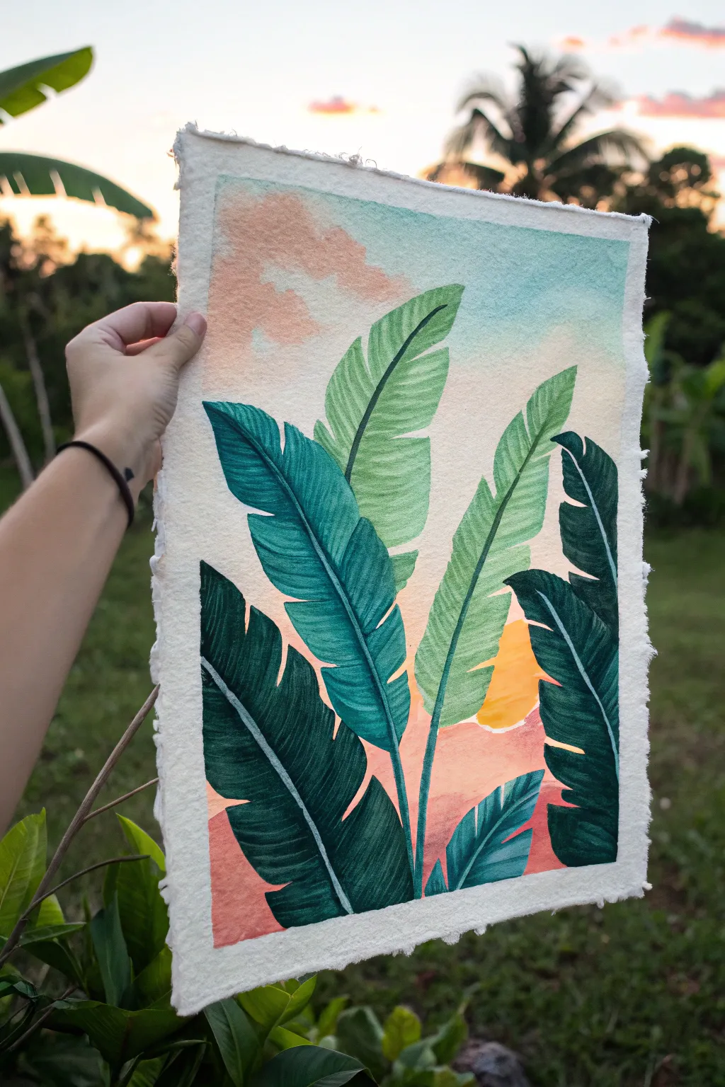 Bold banana leaf border framing a simple tropical sunset gradient, minimal and easy to recreate