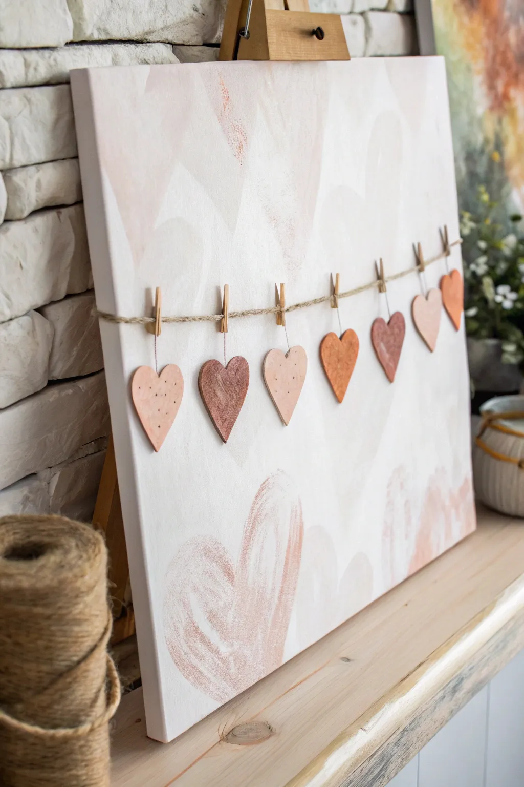 Paint a sweet heart garland with string and tiny clothespins for an easy Valentine canvas.