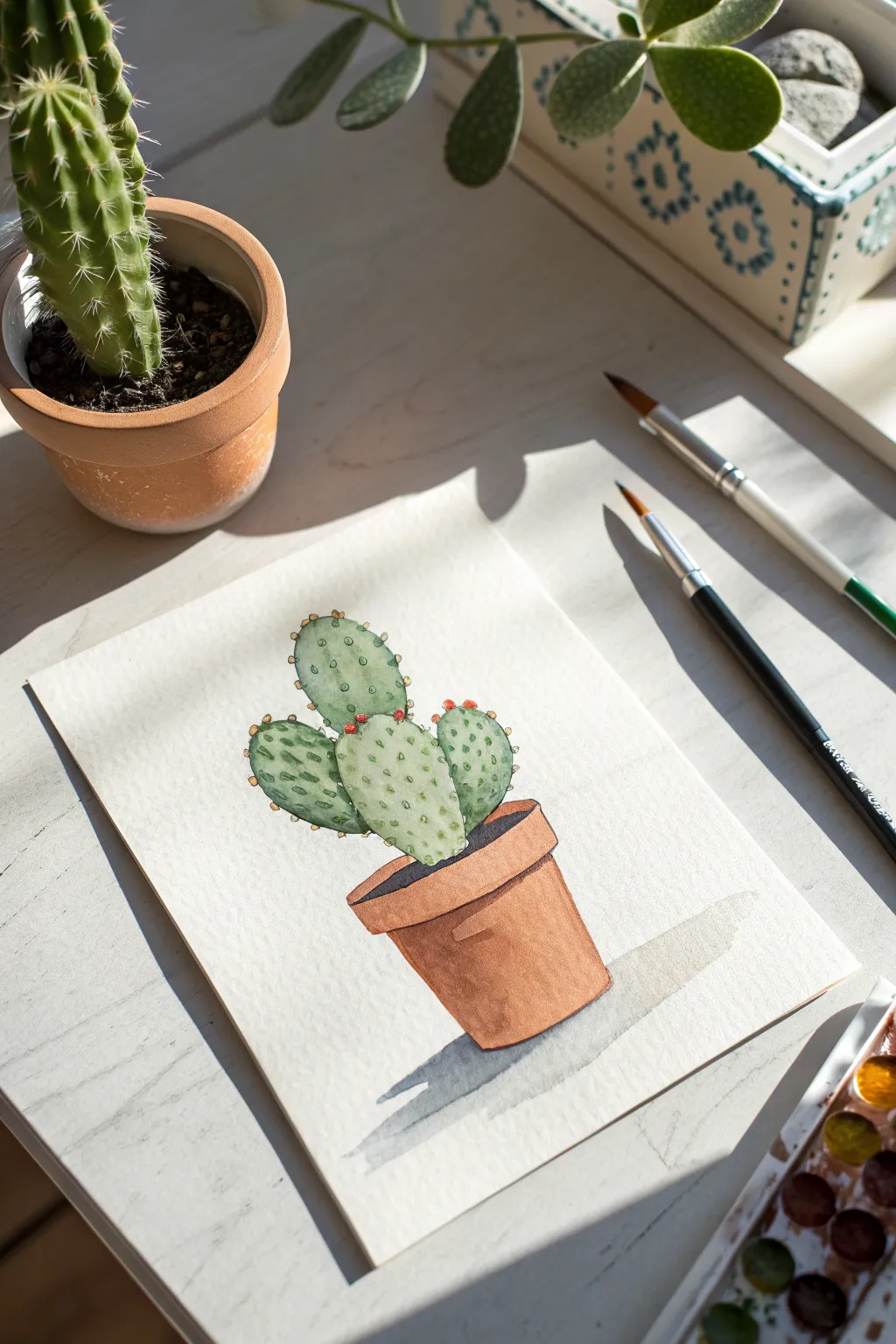 Paint this sweet minimal cactus with two soft shadows for an easy watercolor you can copy.