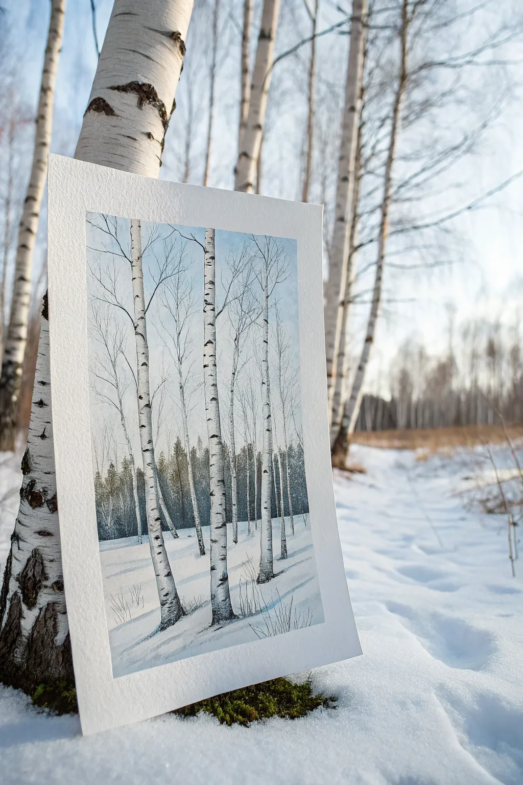 Easy winter birch trees: soft blue-gray sky, snowy ground, and quick bark dash marks