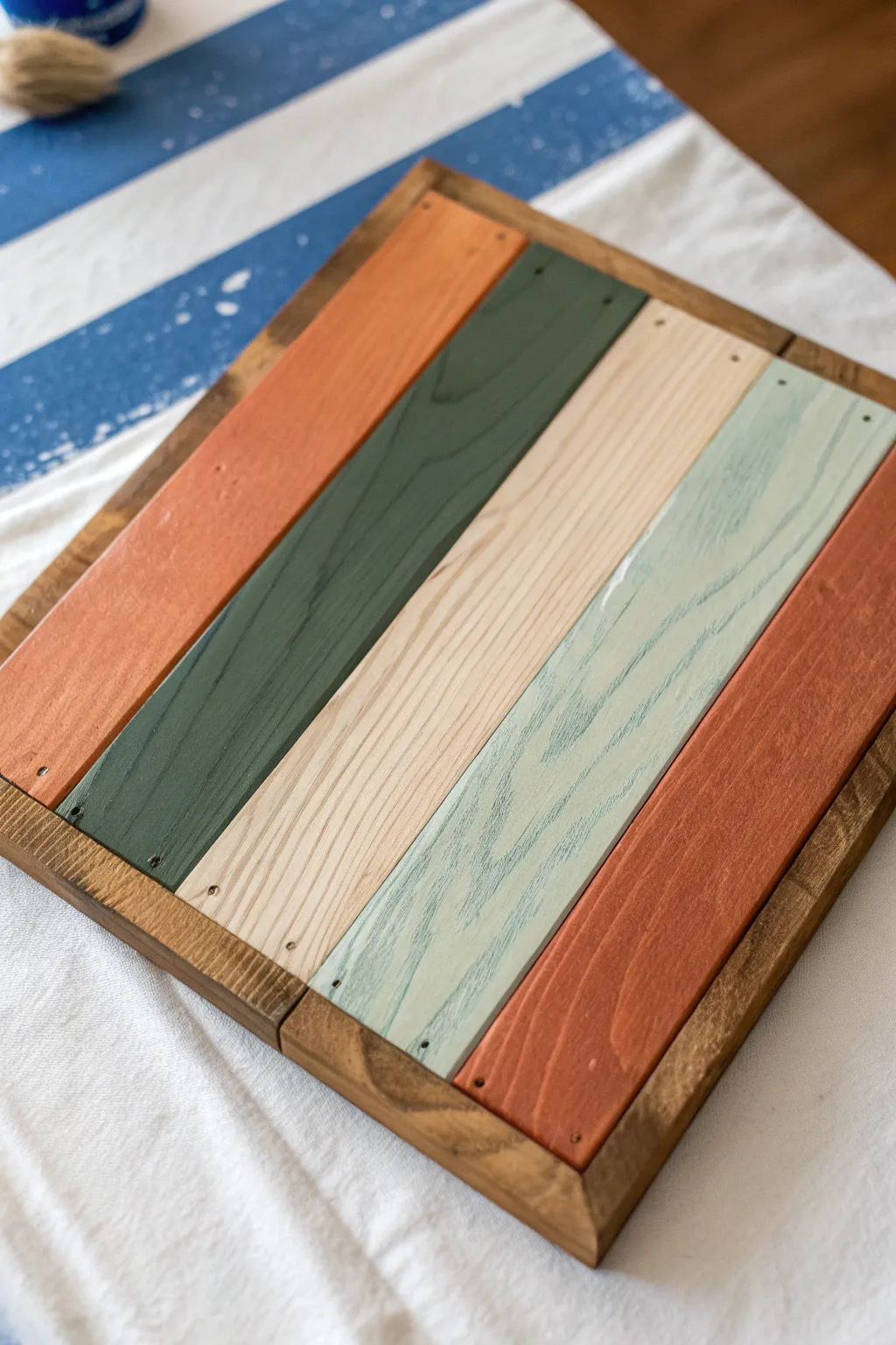 Bold stripes on scrap wood with painters tape peel reveal, minimalist boho palette and crisp contrast