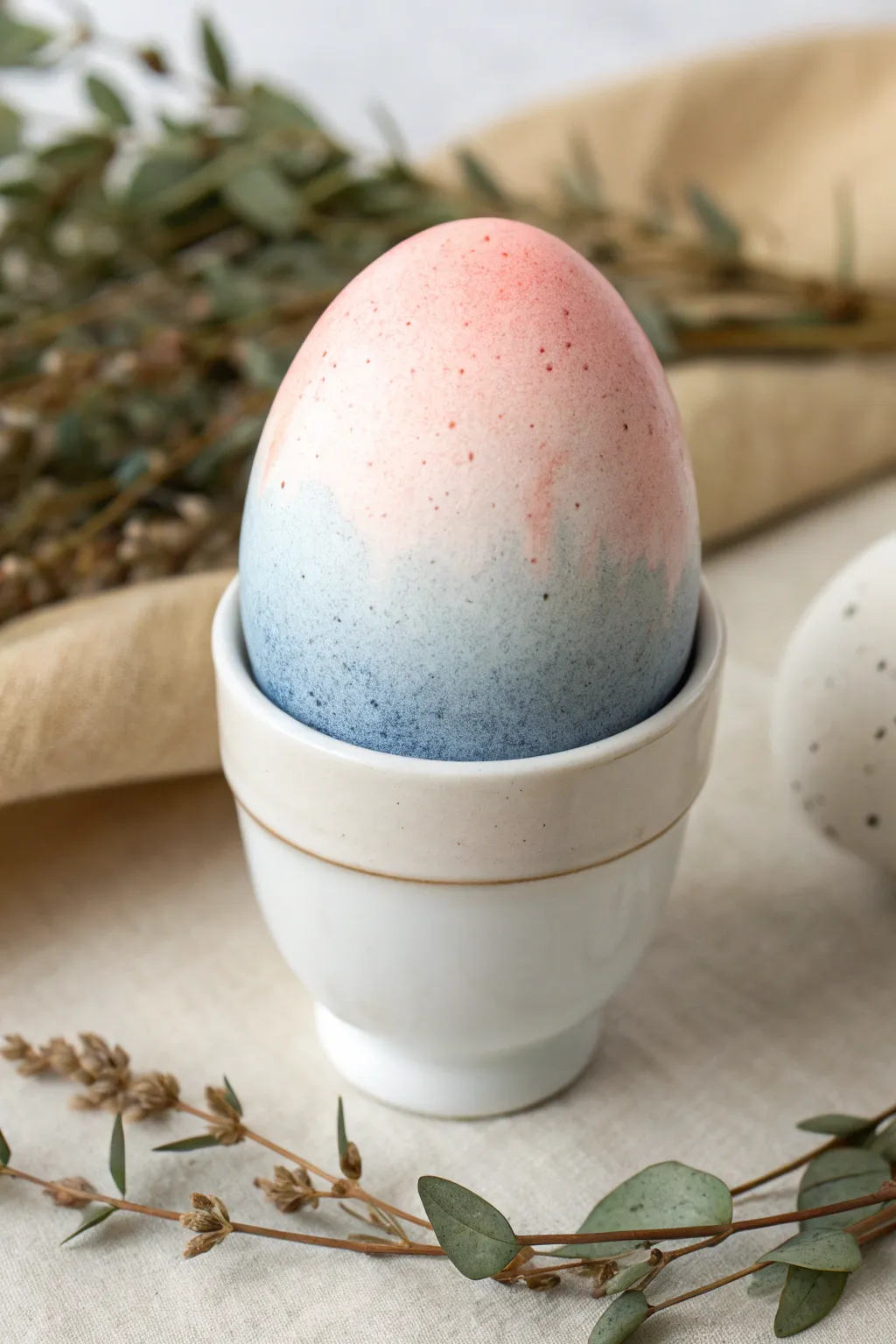 Soft ombré eggshell wash drying upright, Scandinavian calm with a hint of boho color.