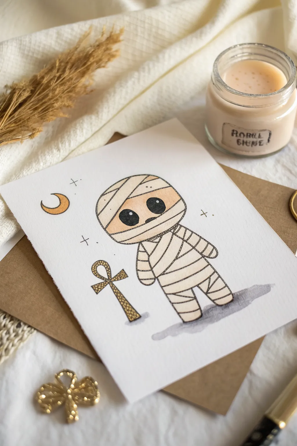 Cute wrapped mummy sketch idea in minimalist Scandinavian tones with a tiny Egyptian mini set