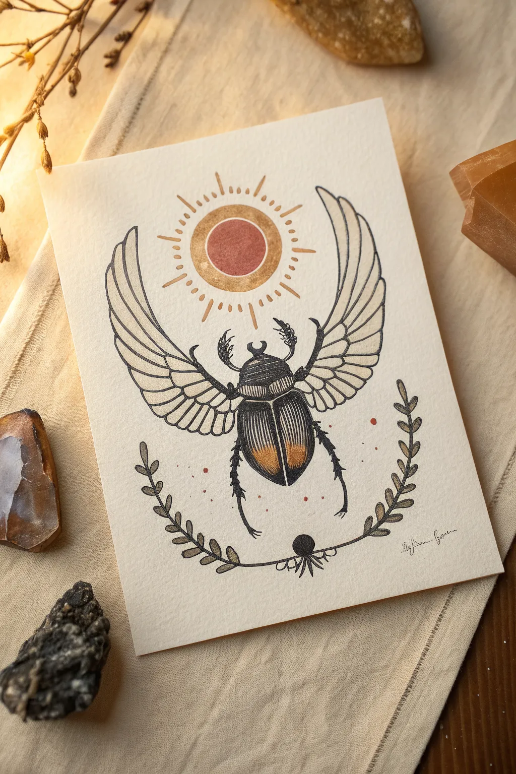 Scarab beetle with sun disk drawing idea, minimalist boho lines and warm neutral contrast