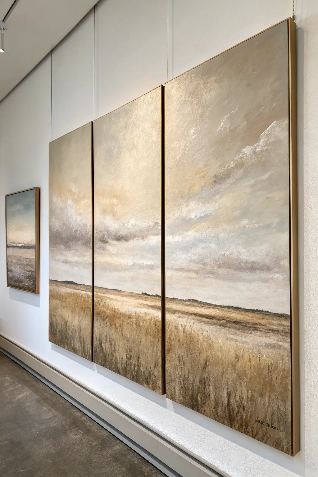 Neutral horizon triptych with a delicate metallic line, minimalist yet softly boho.