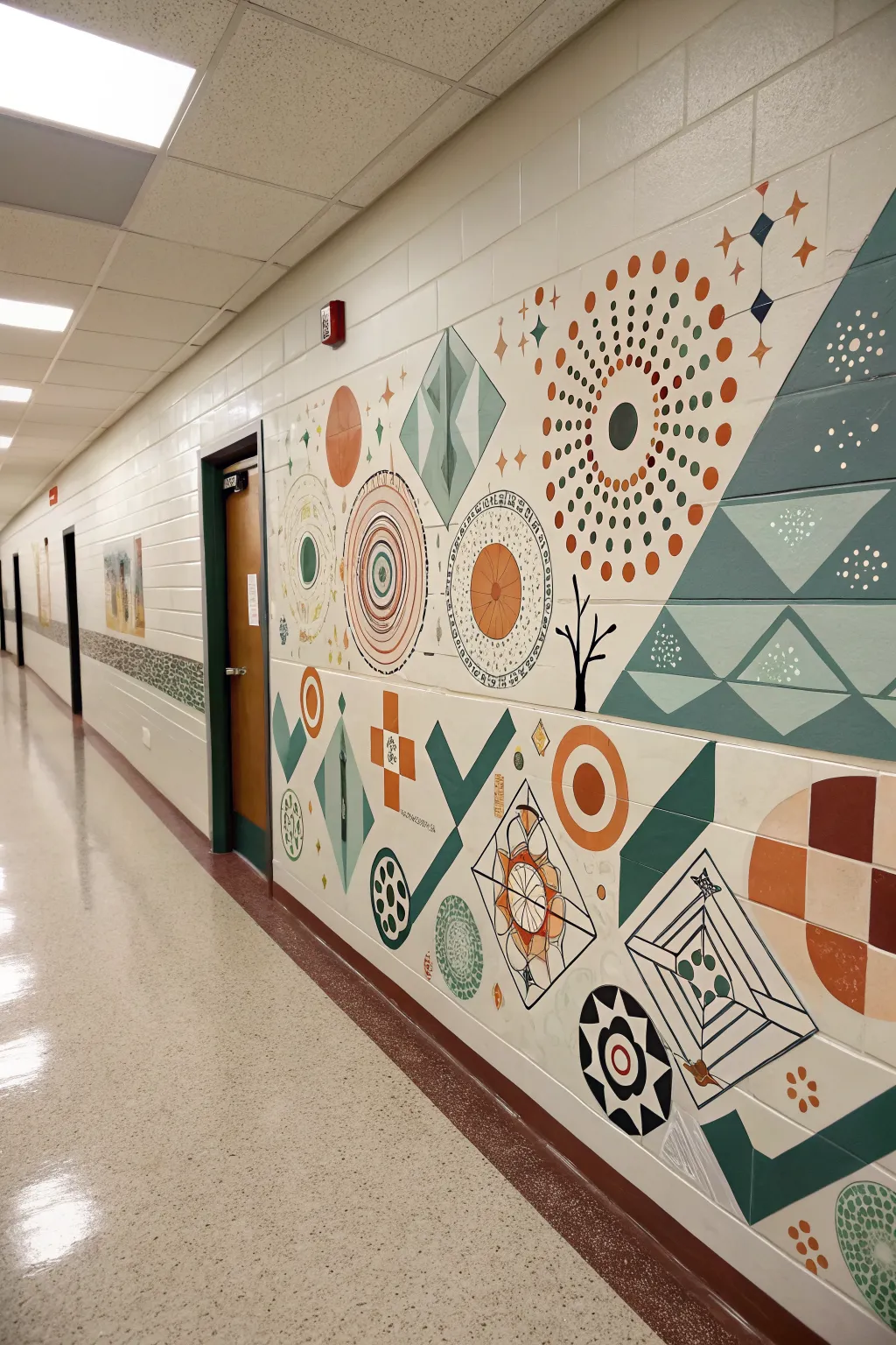 Scandi-boho math trail mural with counting dots and gentle shapes, perfect for an elementary hallway