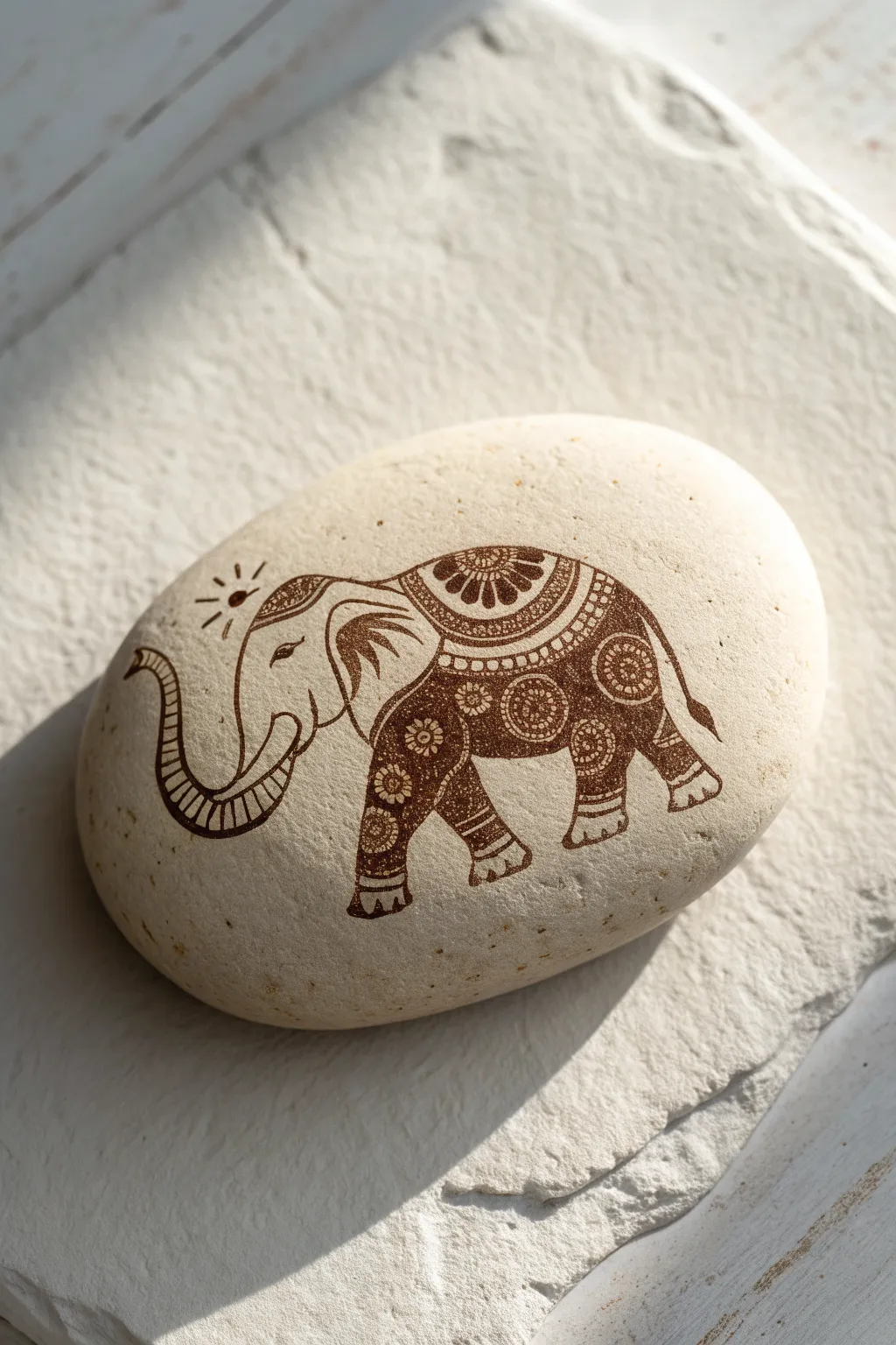 Henna paisley elephant rock design in earthy sepia, clean lines, and calm minimalist boho style