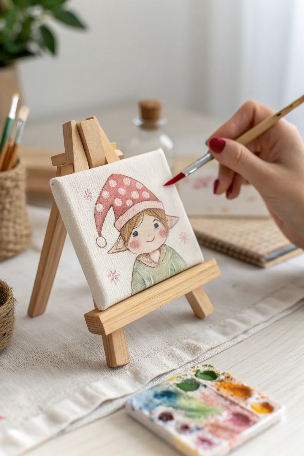 Tiny elf self-portrait in progress on a mini canvas, minimalist boho studio vibes.