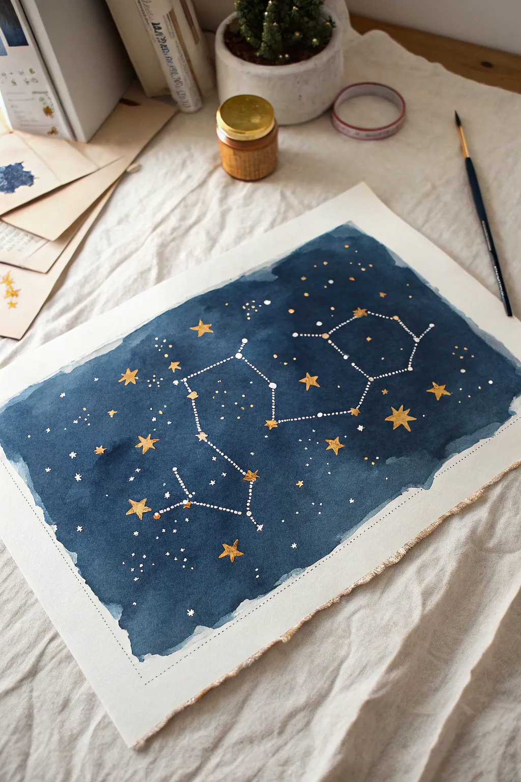 Paint a dreamy proposal night star map with a tiny ring constellation and bold indigo contrast