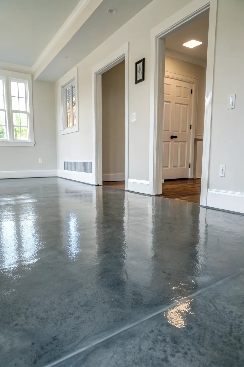 Elegant ombre epoxy floor gradient from charcoal to sand, minimalist and calming.