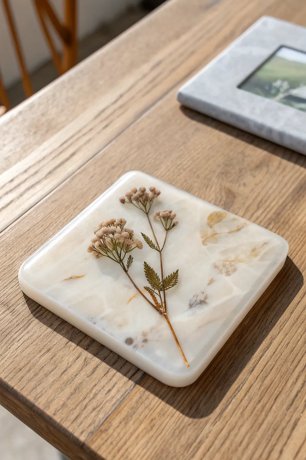 Photo-window epoxy coaster: preserve tiny memories under a glassy finish, minimalist boho look