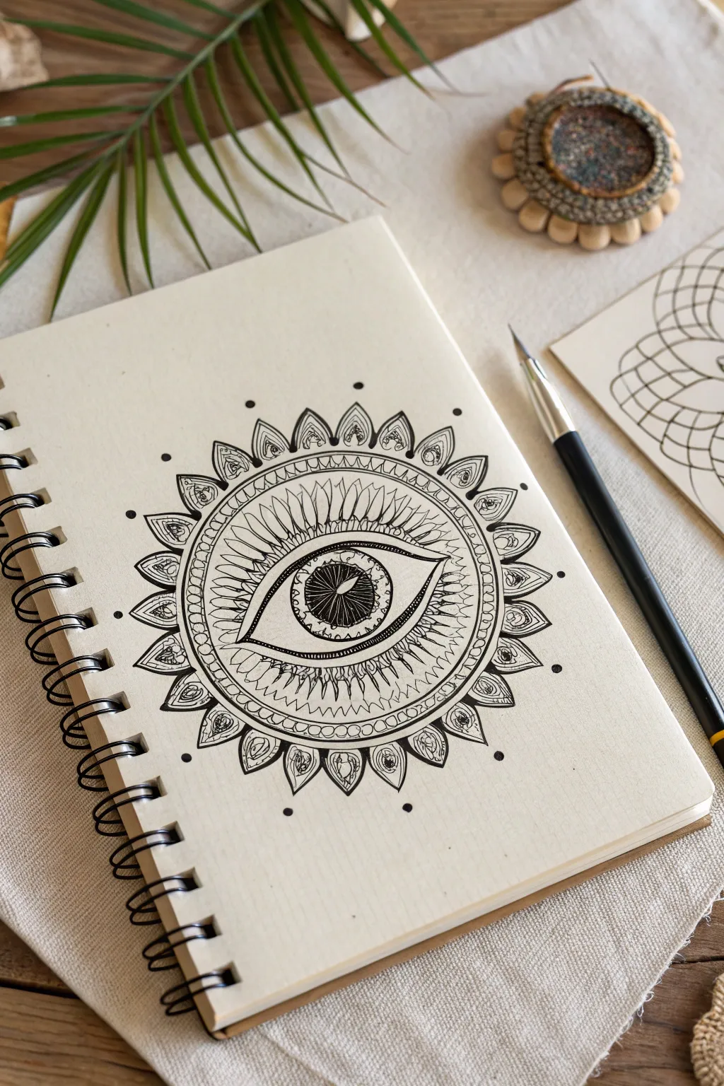 Zentangle evil eye textures: calming patterns, bold ink contrast, minimalist boho sketch.