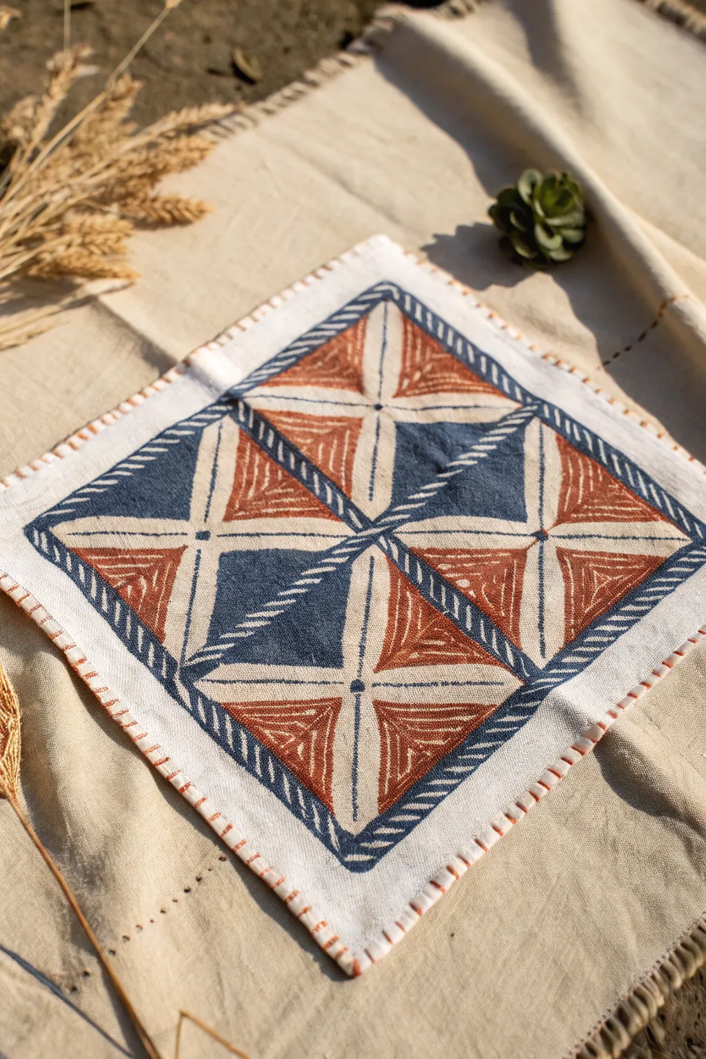 Glue-resist batik look: crisp lines and soft dye fields on minimalist linen swatch.