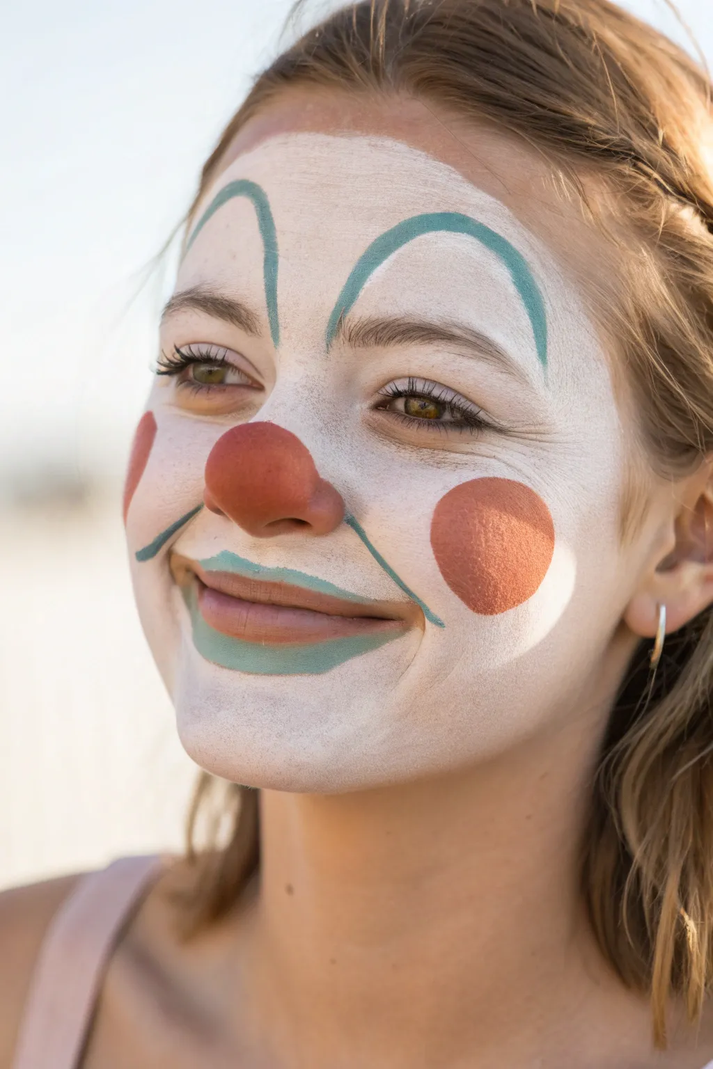 Minimalist friendly clown face paint with round red nose, neat eyes, and soft boho tones.
