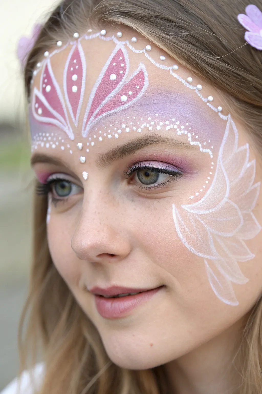 Lace petal stencil fairy look with pastel wings and a clean third-eye focal point.