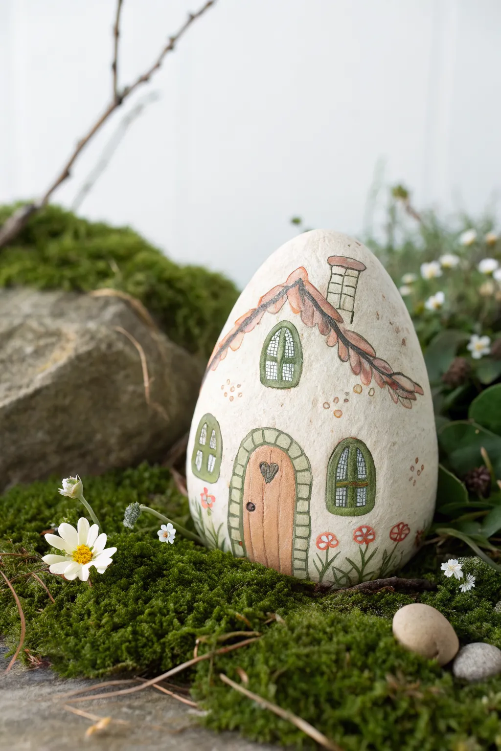 Painted rock fairy house nestled in moss, a minimalist boho touch for your garden scenes