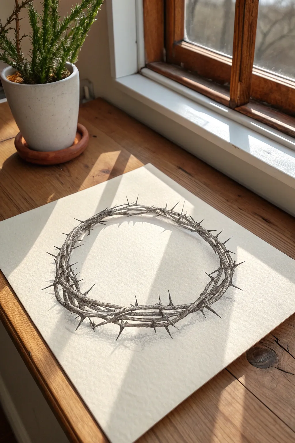 Crown of thorns study with crisp linework and soft shadows, minimalist faith drawing idea.