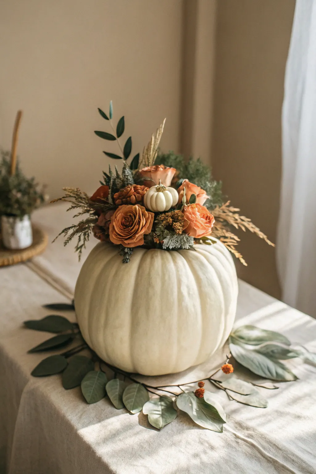 Warm faux blooms spilling from a sleek pumpkin for a cozy, minimalist autumn centerpiece