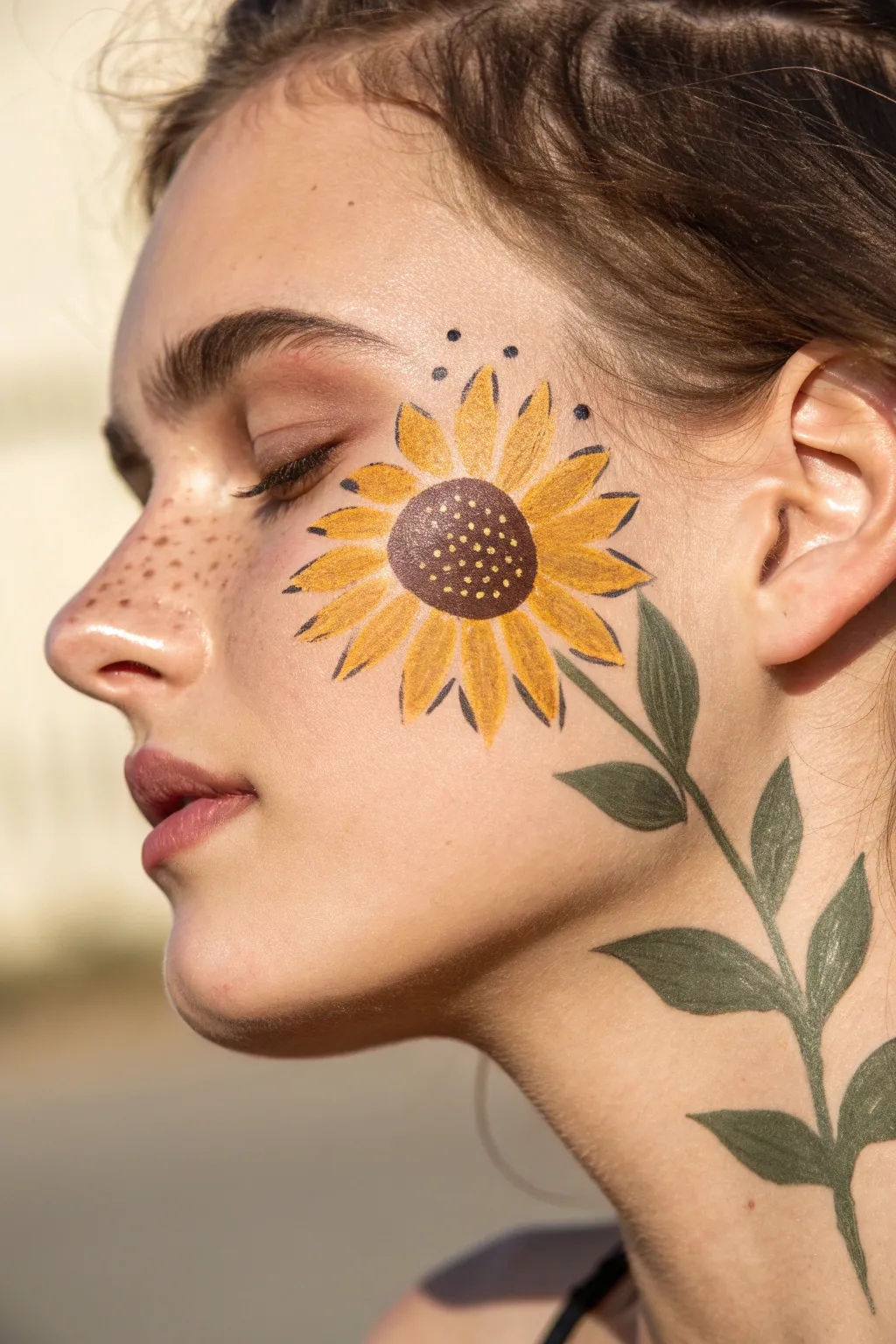 Sunflower temple face paint in warm harvest yellow, minimalist boho vibe, crisp and cozy.