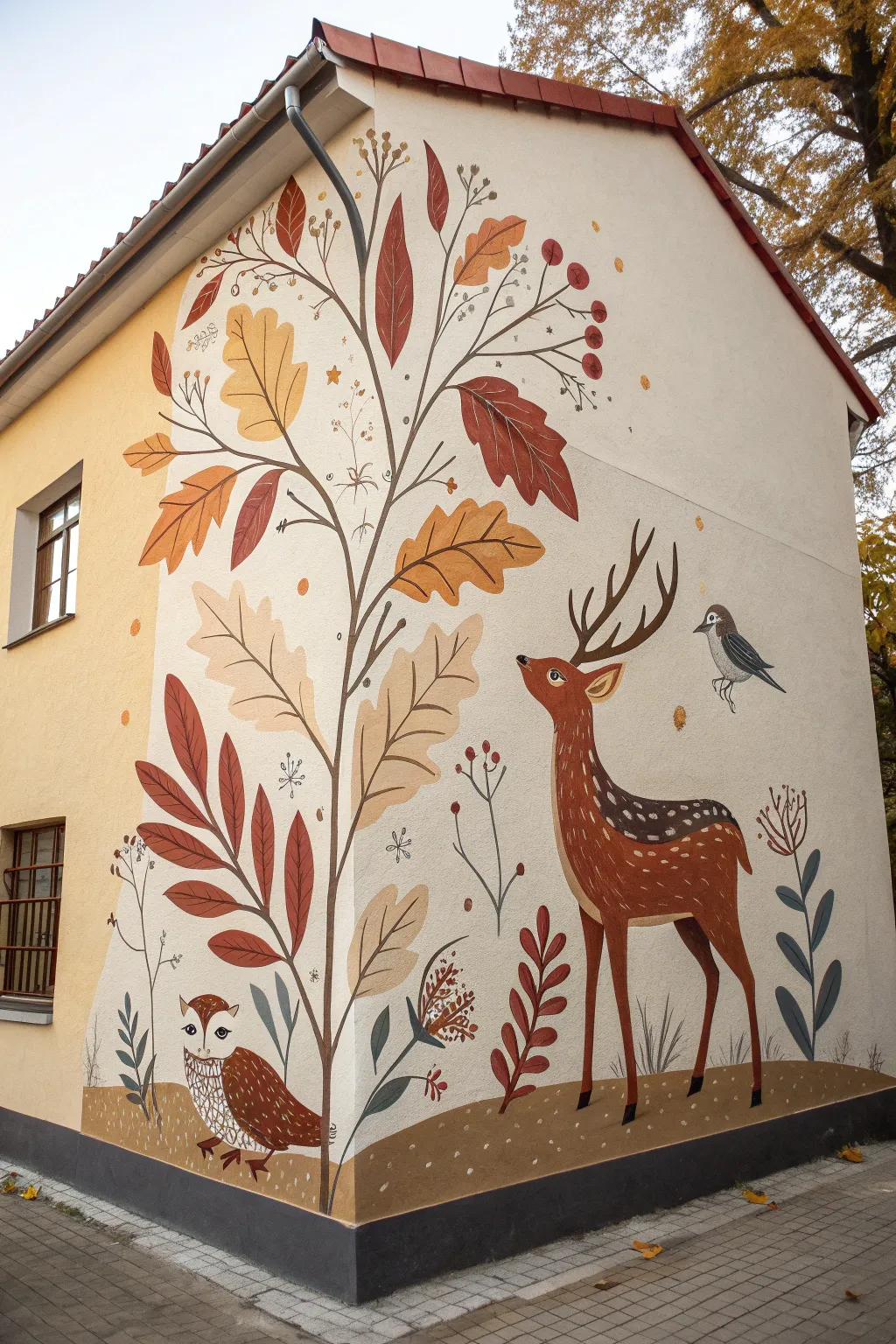 Whimsical fall mural with simple deer, owl, and birds tucked into warm autumn foliage