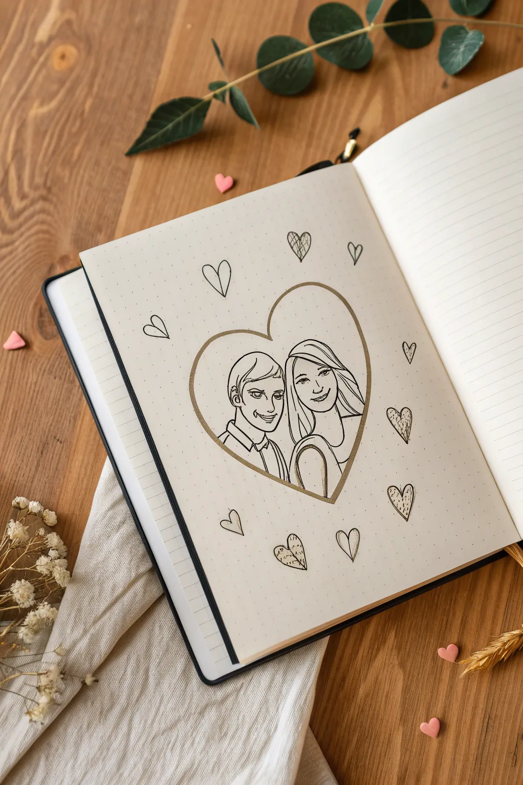 Heart-shaped family portrait line drawing on creamy paper, calm Scandinavian minimal with boho warmth.