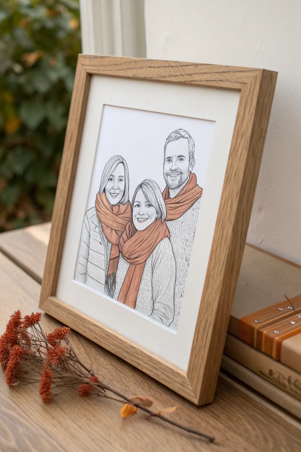 Minimal black-and-white family portrait with one terracotta accent, framed as a thoughtful gift.