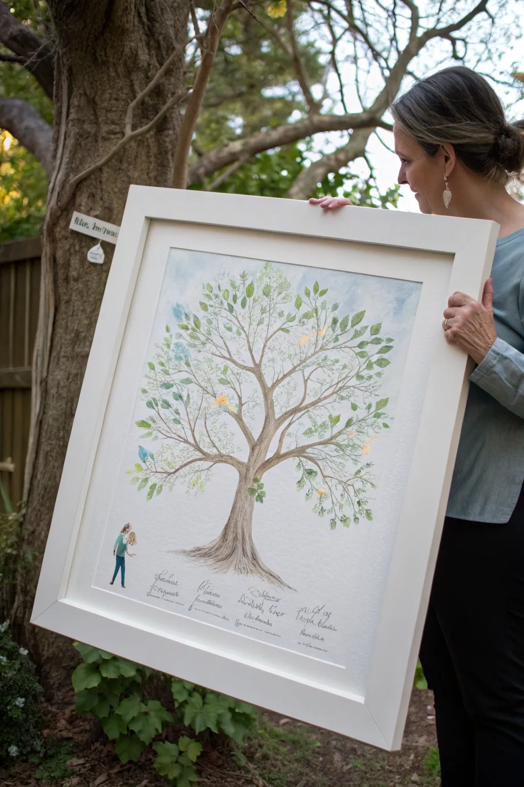 Minimal watercolor canopy family tree with ink trunk and blank tags to personalize later