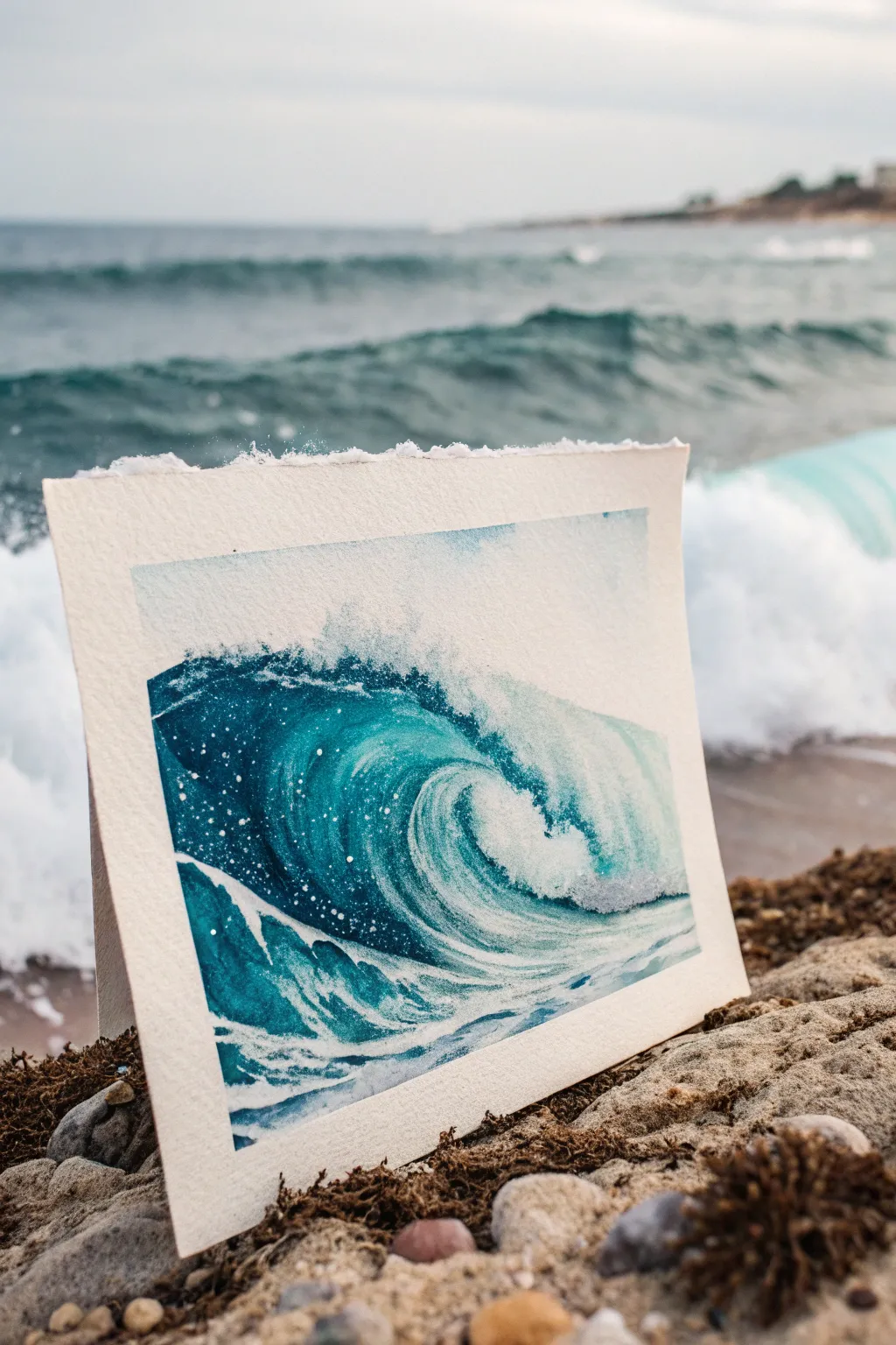 Ocean foam and wave spray made with a fan brush, dry-brushed highlights over dark water