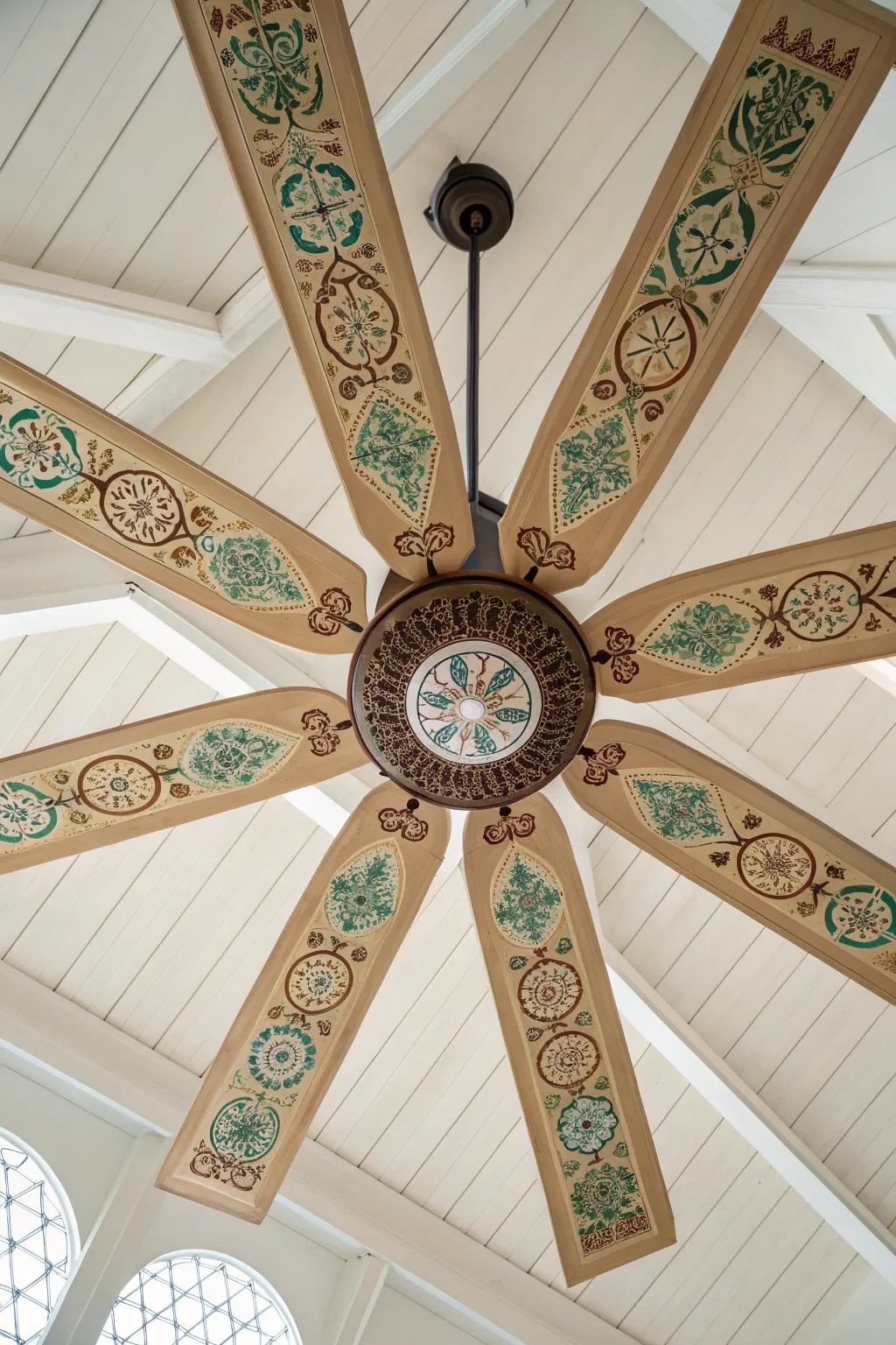 Ceiling fan mandala radiating from the pivot for a calm, minimalist-boho painting idea