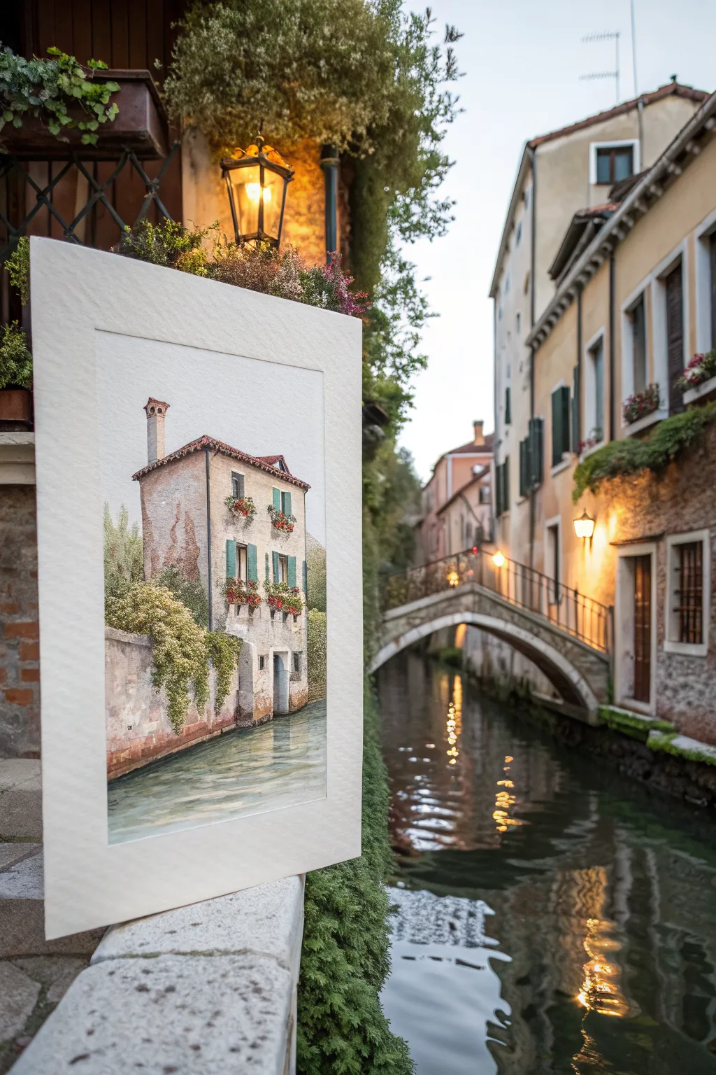 Canal house fantasy concept: arched bridges, soft lantern glow, and calm ripples at dusk