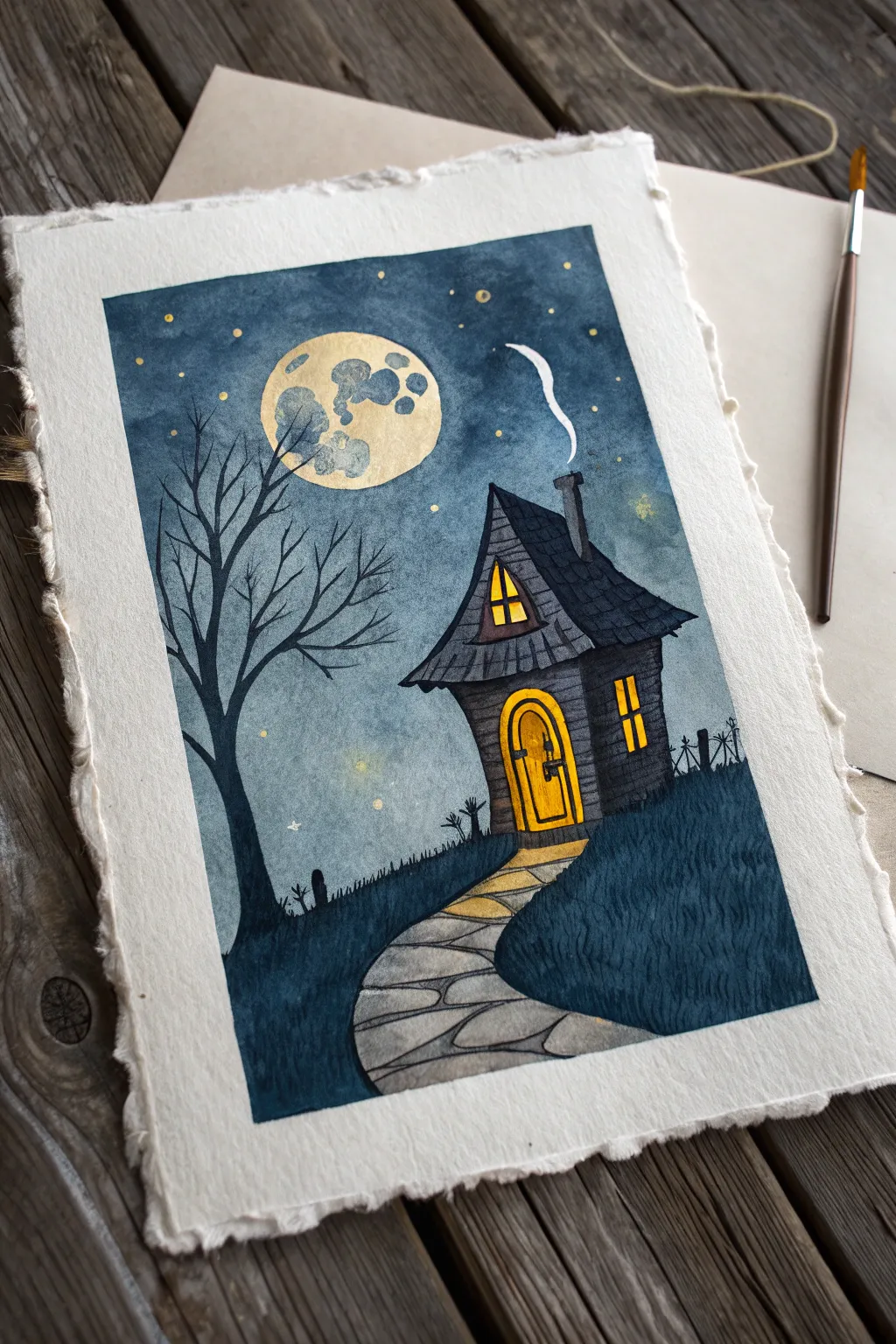 Cozy fantasy night: an easy potion cottage silhouette with glowing windows and a big moon