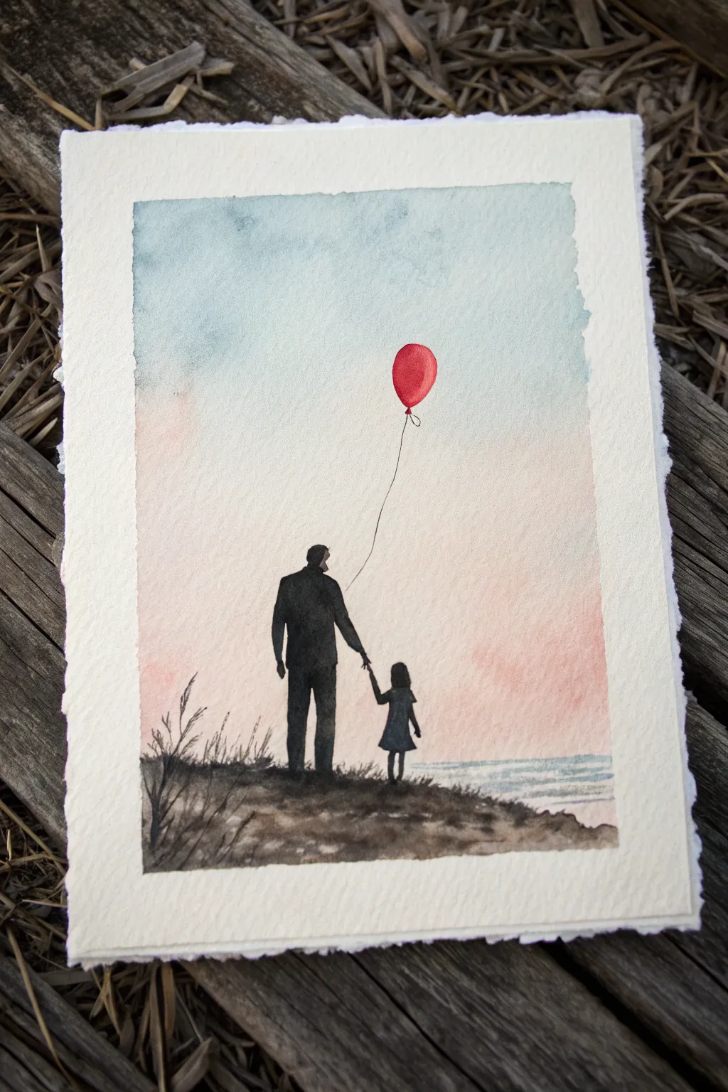 Minimal watercolor silhouette of dad and daughter linked by a bright balloon string, serene sky wash.