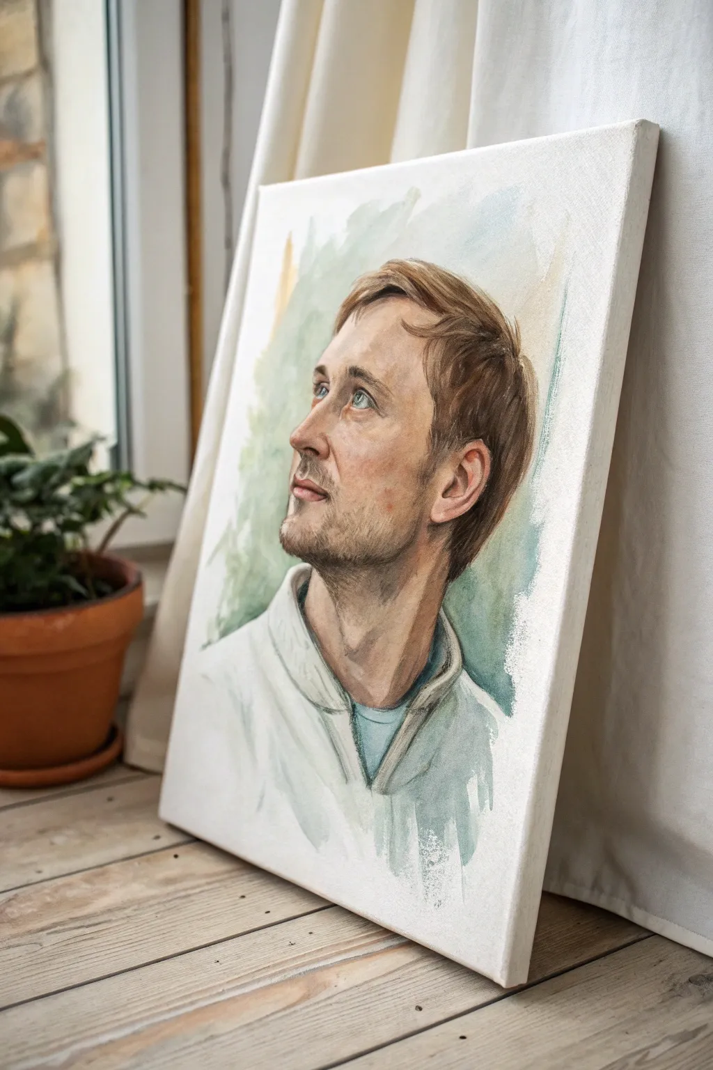 Soft dad portrait on canvas with airy color wash, minimalist Scandinavian boho Fathers Day vibe