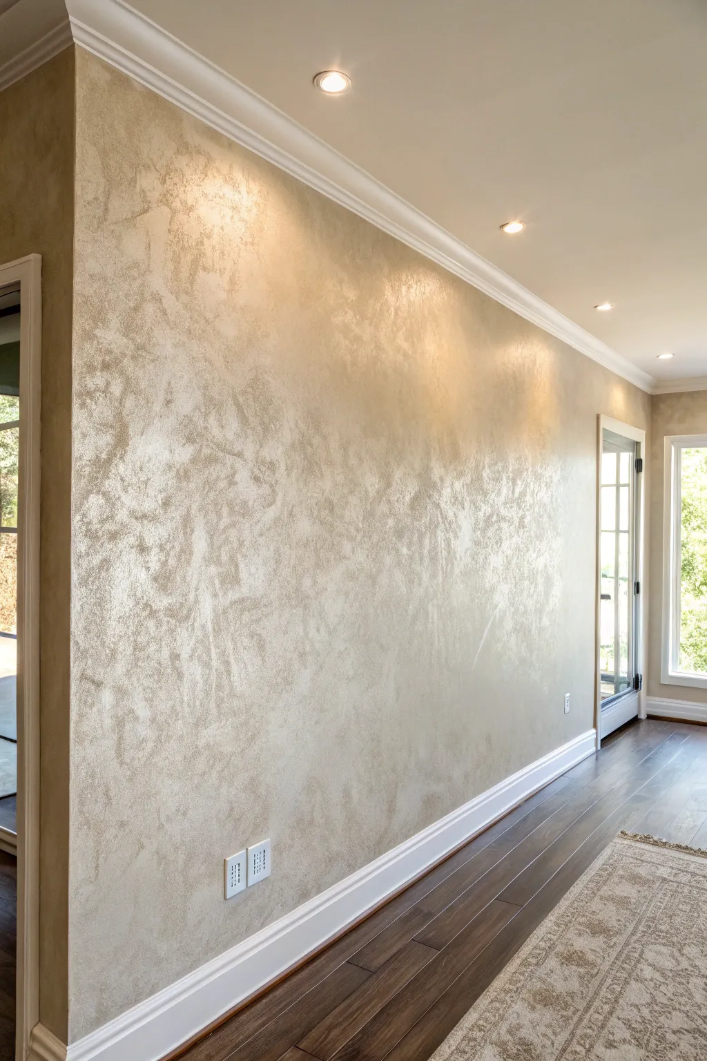 Champagne metallic glaze shimmer with side lighting for light-catching, understated faux-finish glamour