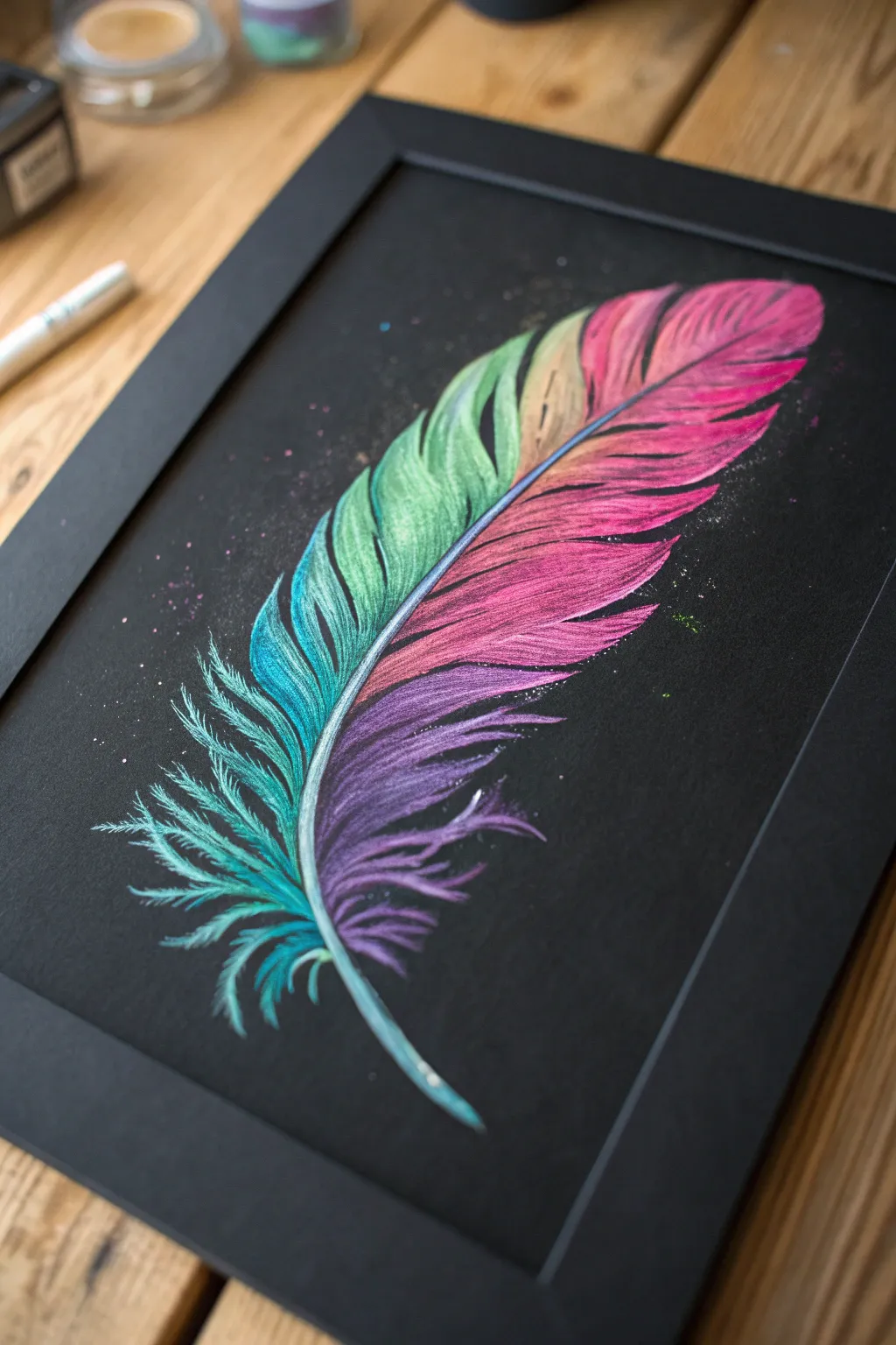 Neon feather glow on deep charcoal paper, minimalist boho vibe for dreamy painting inspiration.