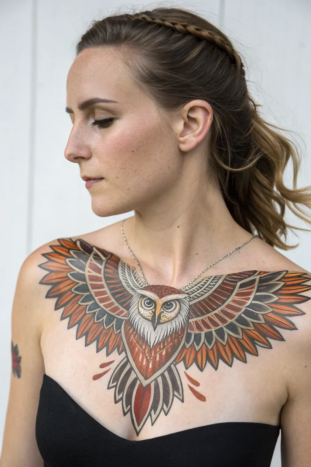 Symmetrical bird body paint centerpiece framed by collarbones, minimalist boho mood with bold contrast