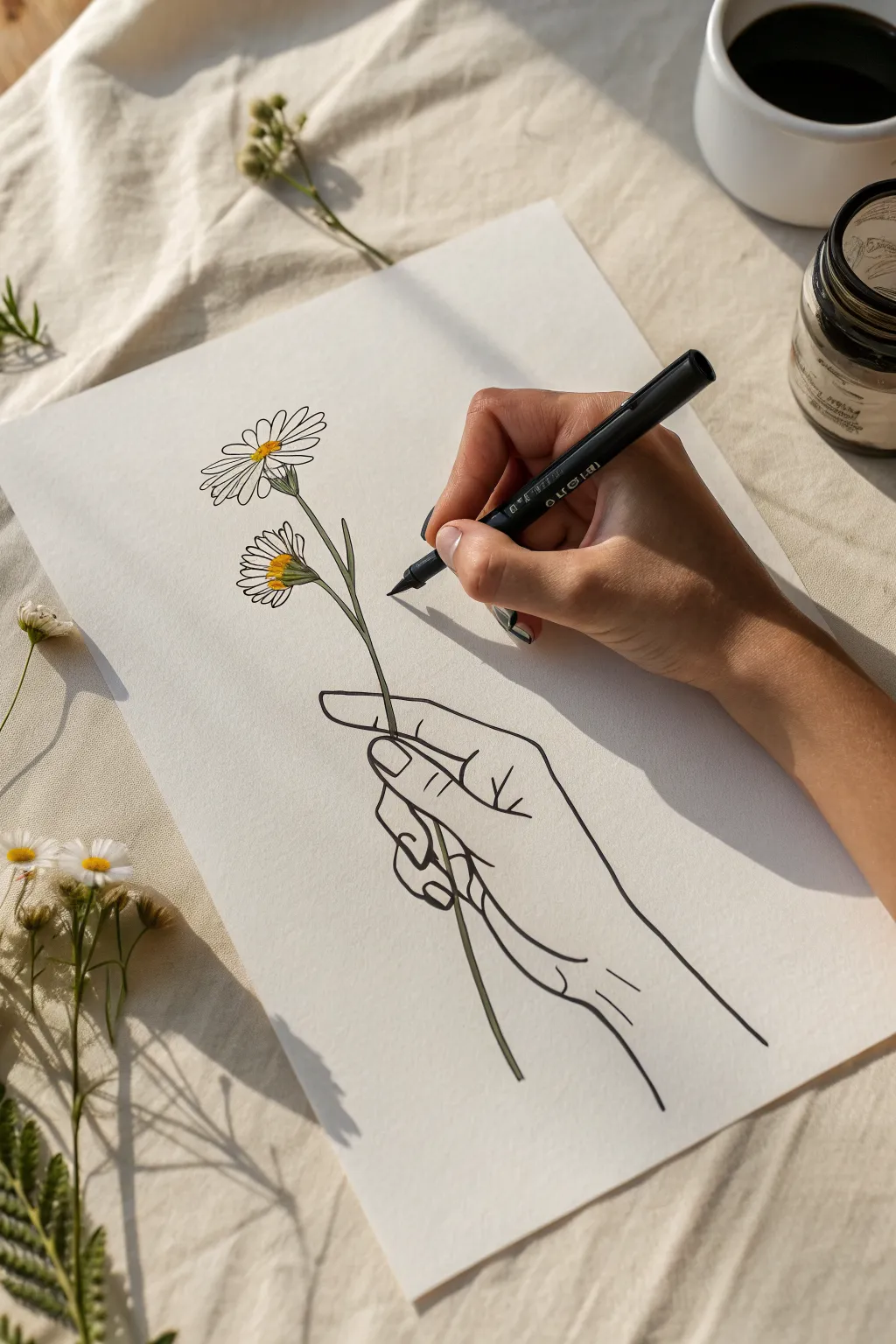 Continuous line hand in motion holding a tiny flower, minimalist and calming fine line practice