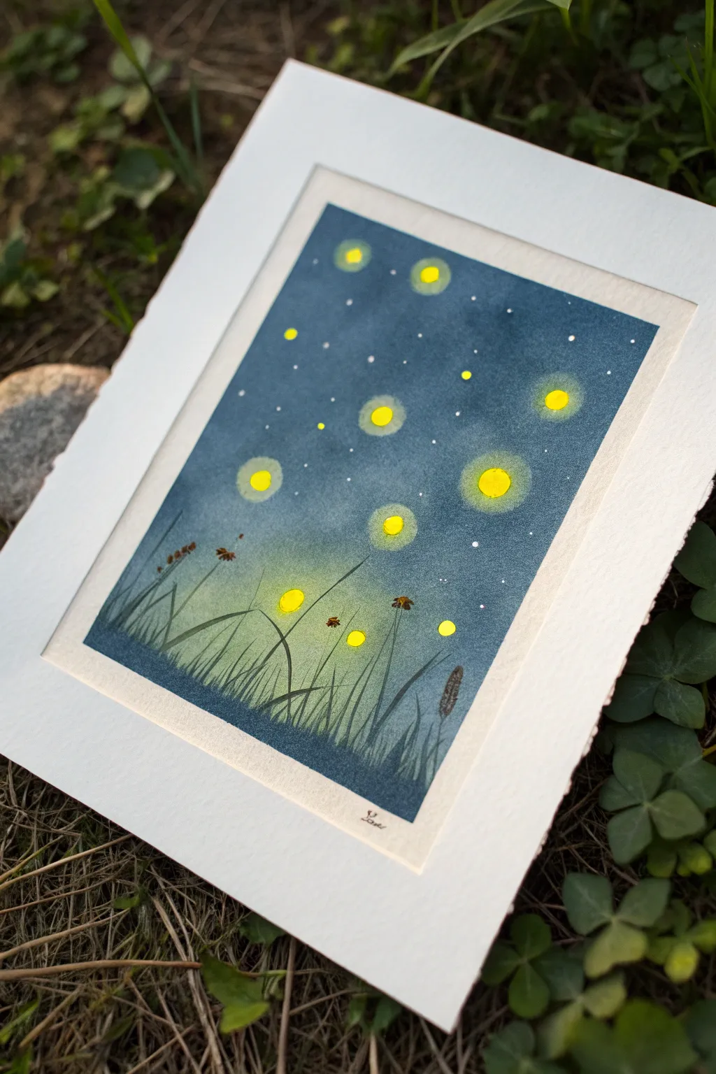 Create dreamy fireflies with finger-blurred glow dots on a simple indigo night wash.